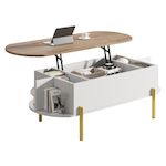 MERAX Table basse relevable ovale blanc+naturel - 50x120 cm mdf