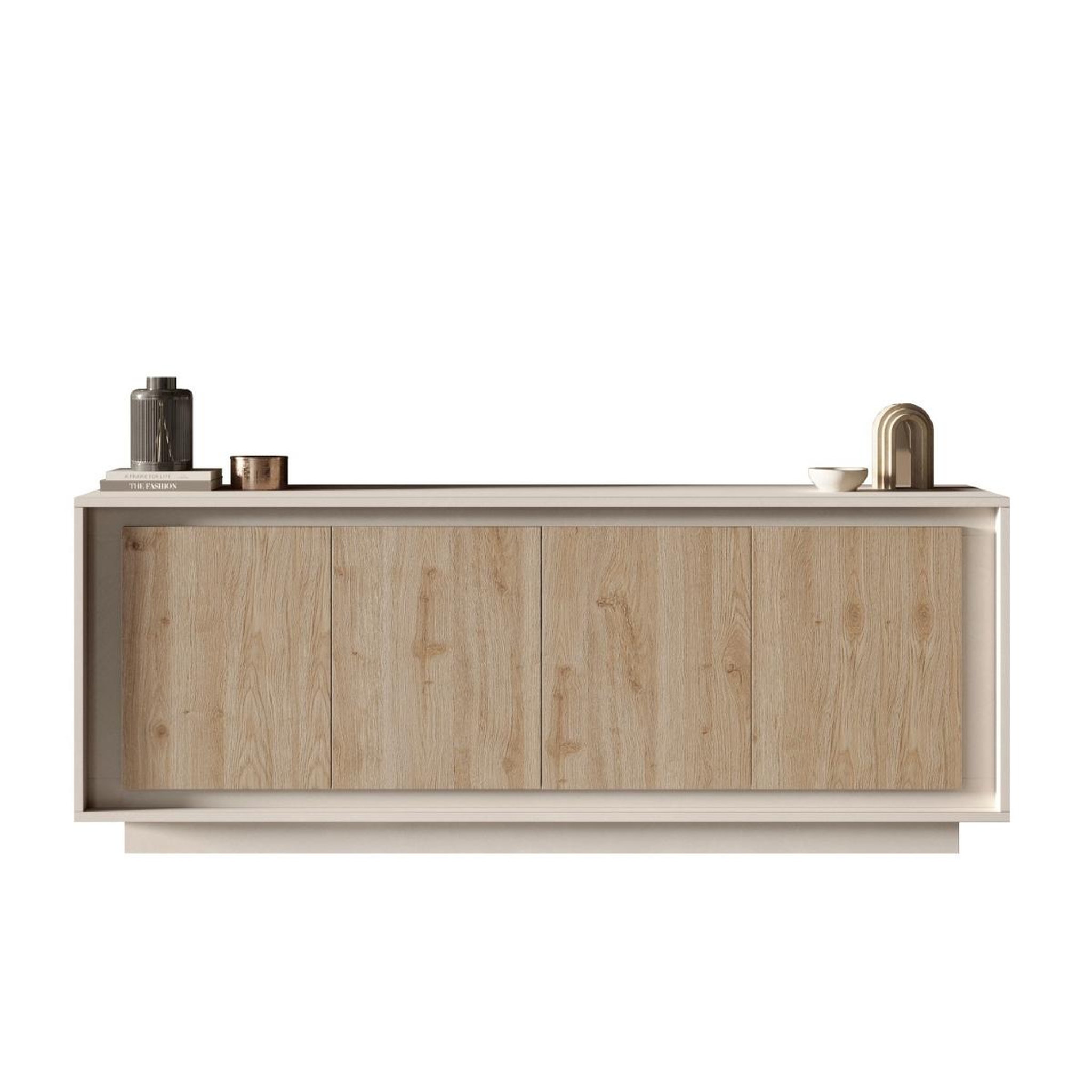 JLC KREATION Buffet bas contemporain 4 portes beige et bois naturel yori