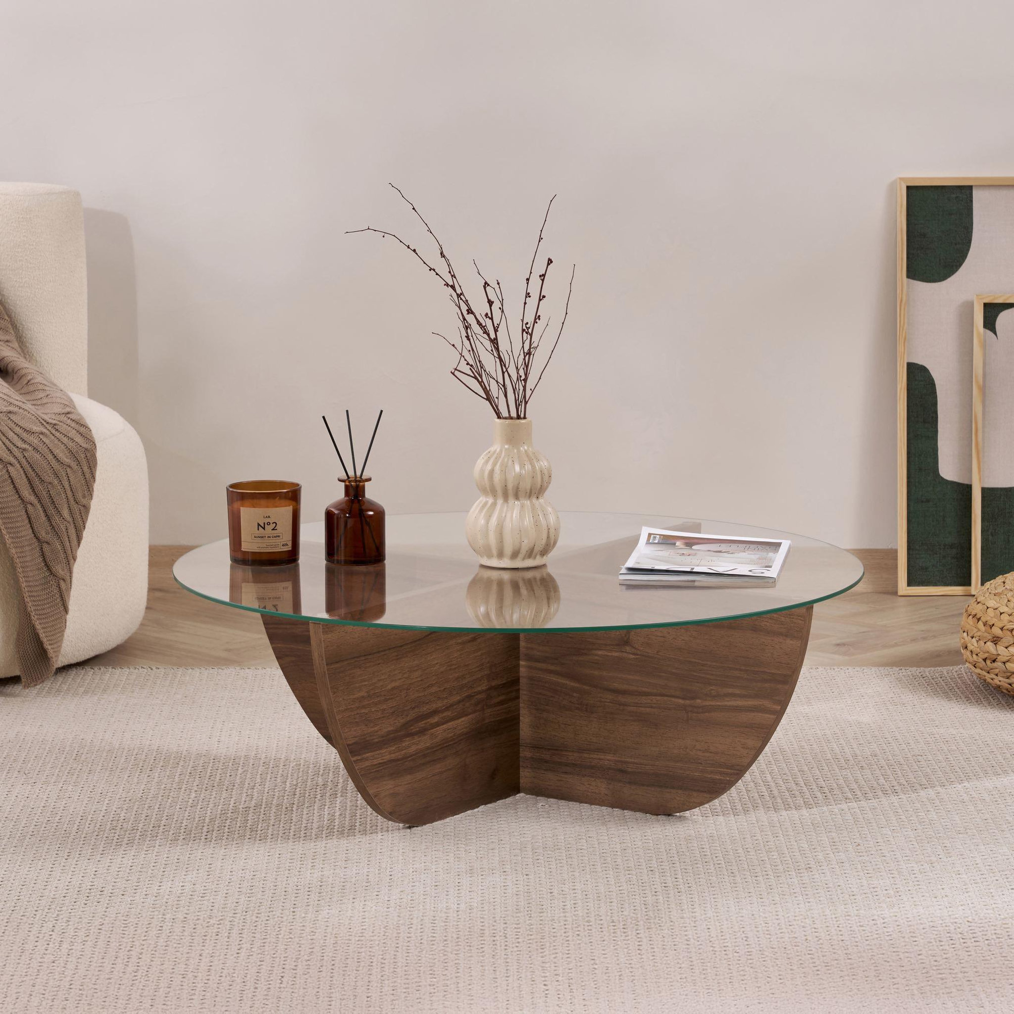Voir la diapositive 2 : Habitat et Jardin Table basse en verre  liya  90 x 90 x 30 cm - noyer