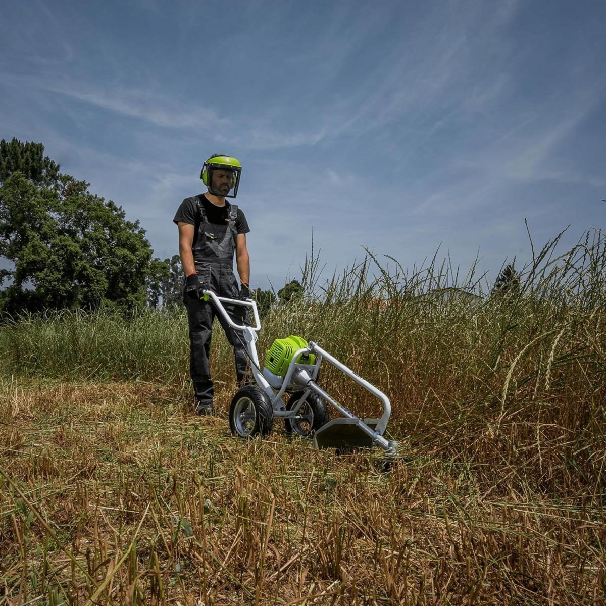 VITO Débroussailleuse Thermique 52cm³ à Roues Lame Ø 255 mm + Casque de sécurité Grillagé VITO
