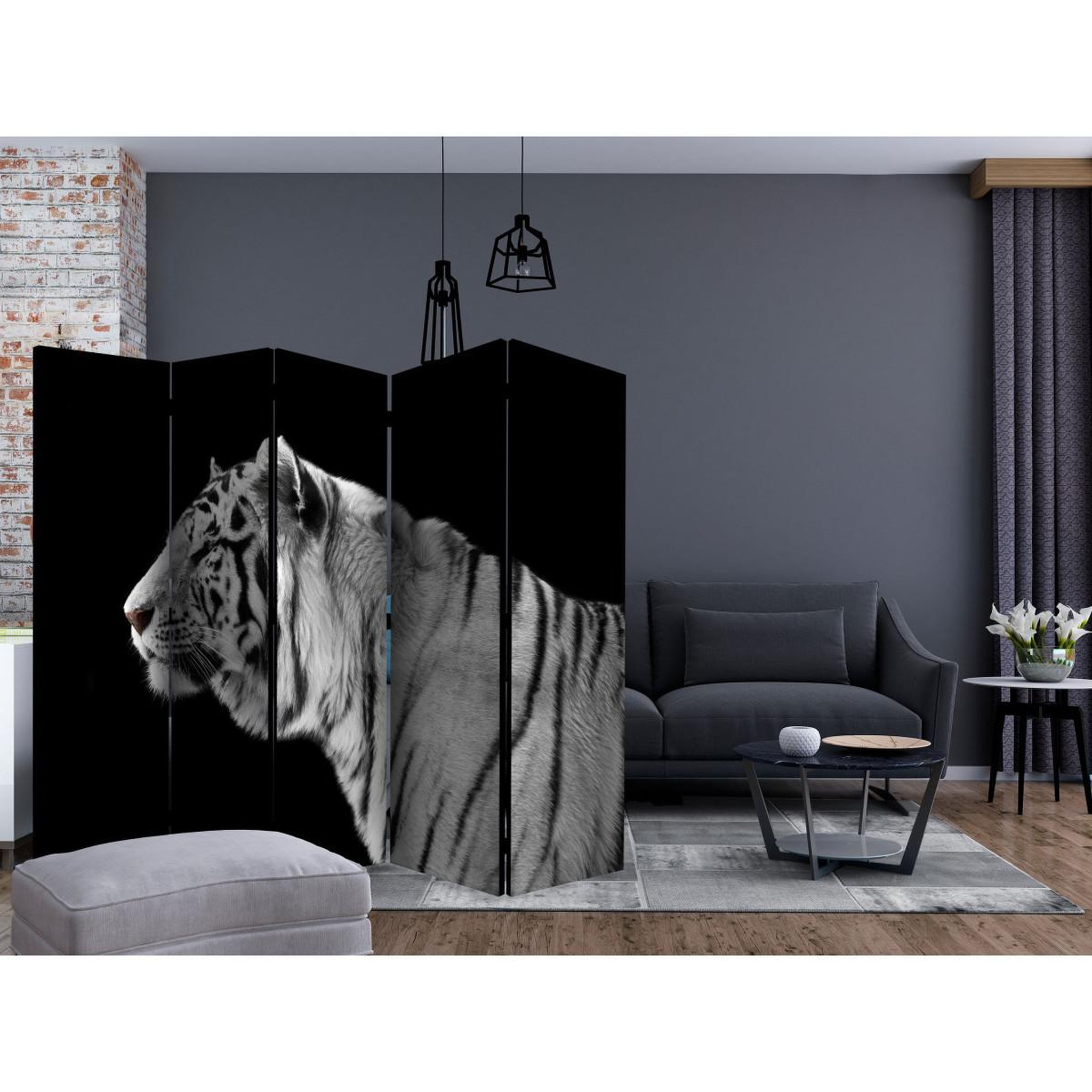 Voir la diapositive 2 : Paris Prix Paravent 5 volets  white tiger  172x225cm