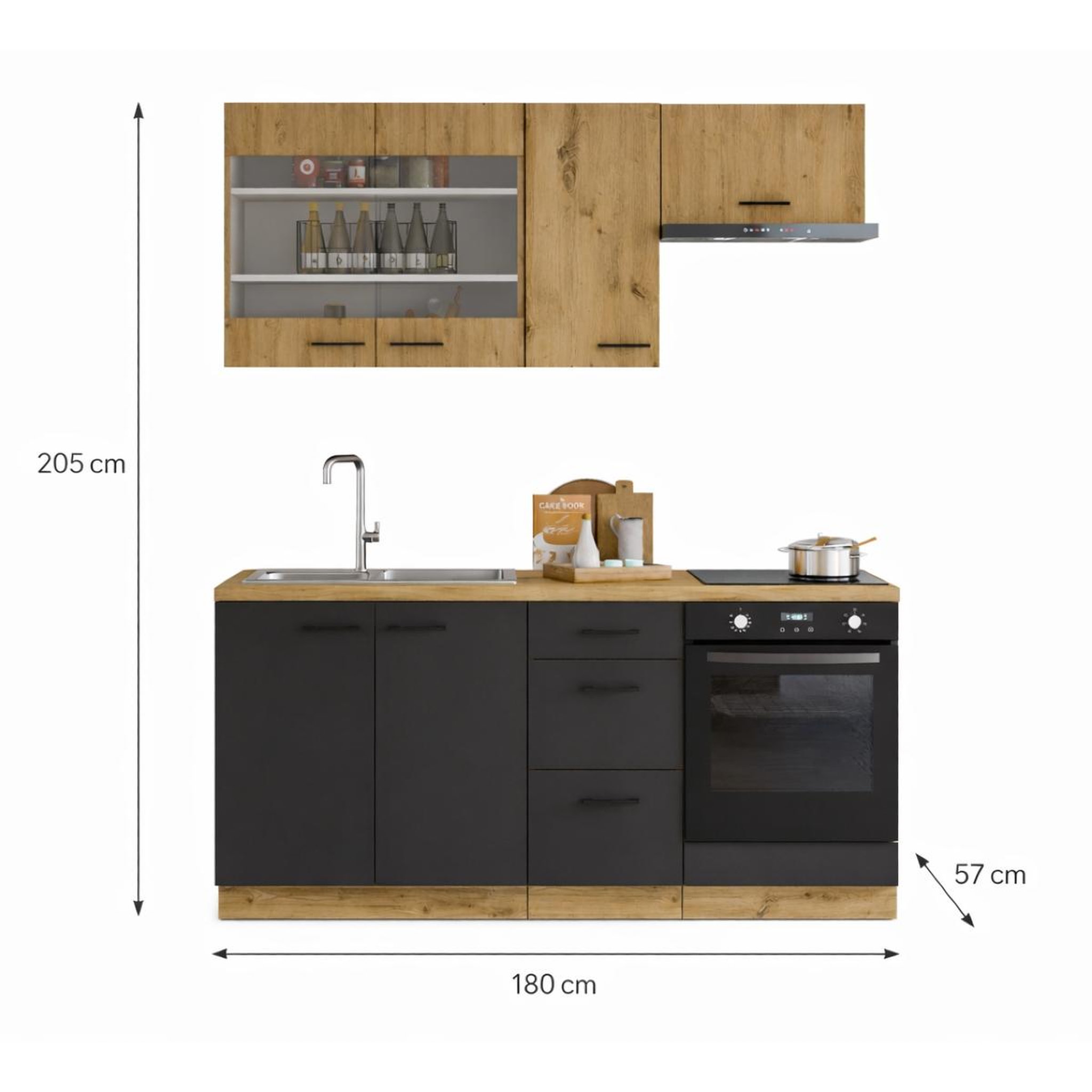 Voir la diapositive 6 : JLC KREATION Cuisine complète moderne noir et bois 180cm ODESSA