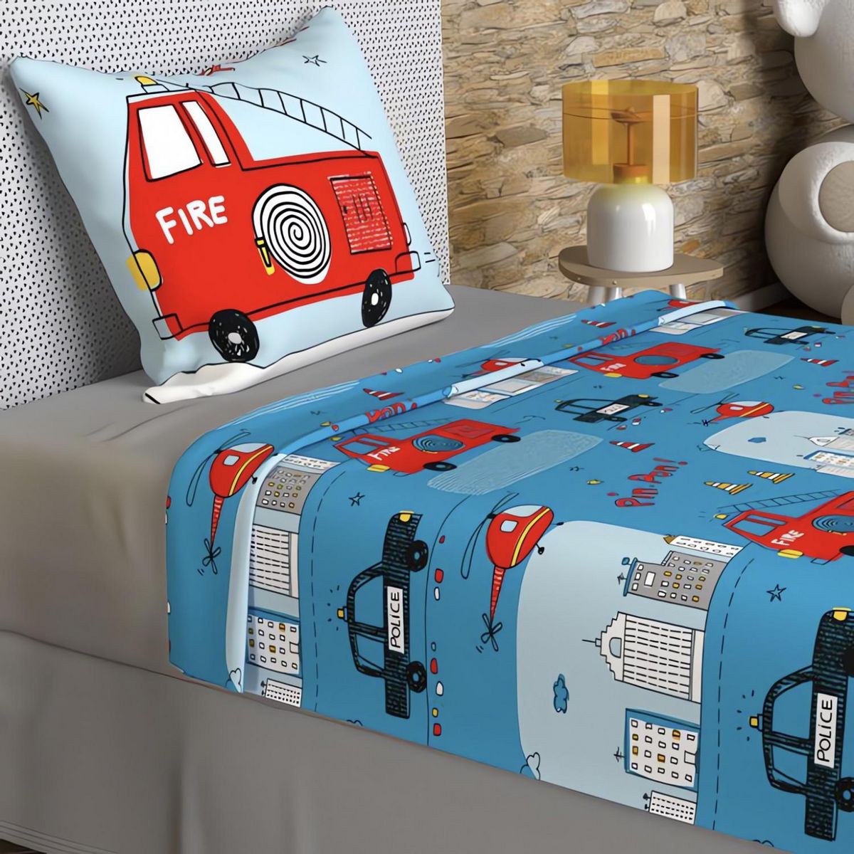 SOLEIL D'OCRE Parure de draps 180x290 cm POMPIERS, 100% coton 57 fils/cm2, par Soleil d'Ocre