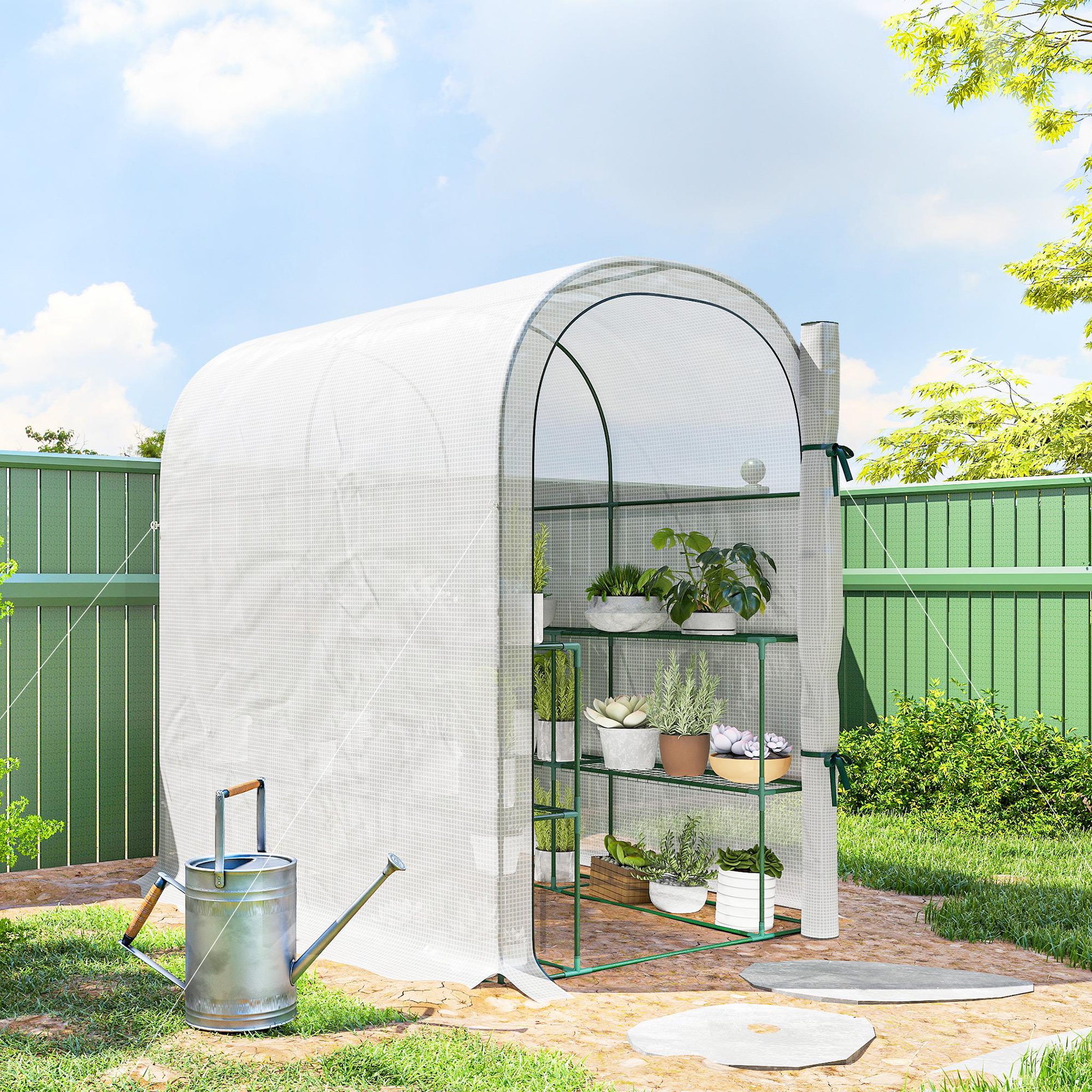 Voir la diapositive 2 : OUTSUNNY Serre de jardin avec étagères porte enroulable pe blanc