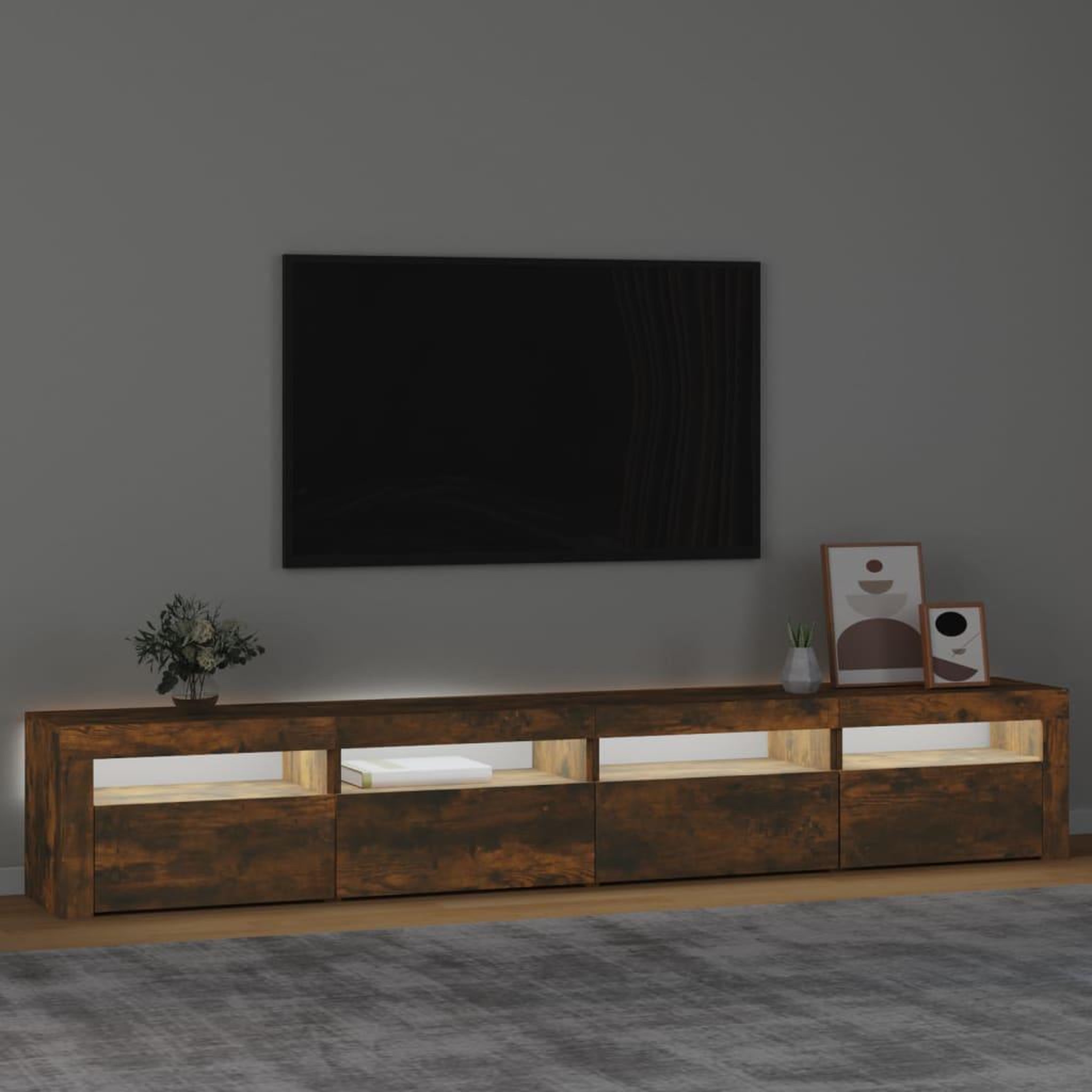Voir la diapositive 3 : VIDAXL Meuble TV avec lumieres LED Chene fume 240x35x40 cm