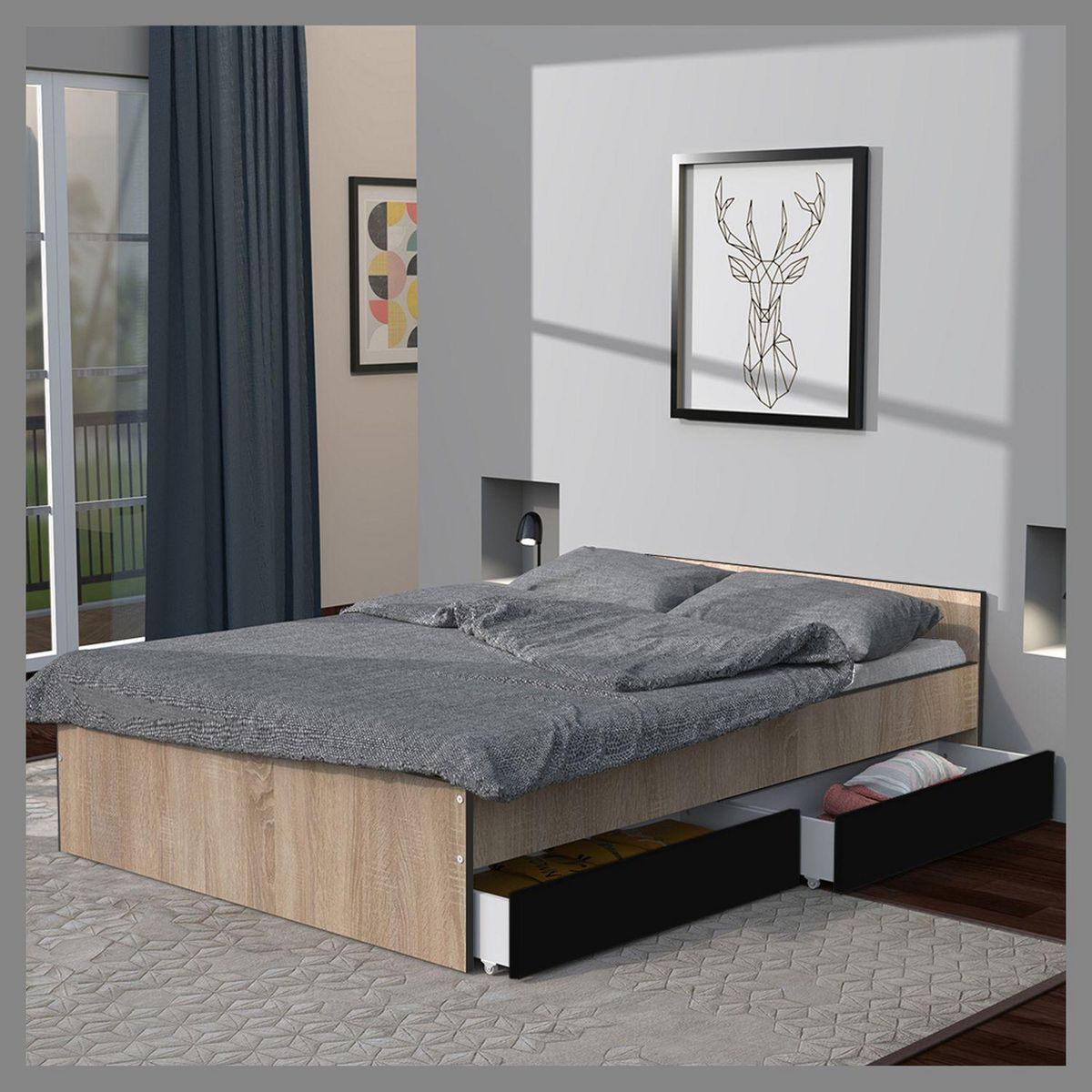 Lit avec rangements 140x190 cm, 2 tiroirs et tête de lit CAMA