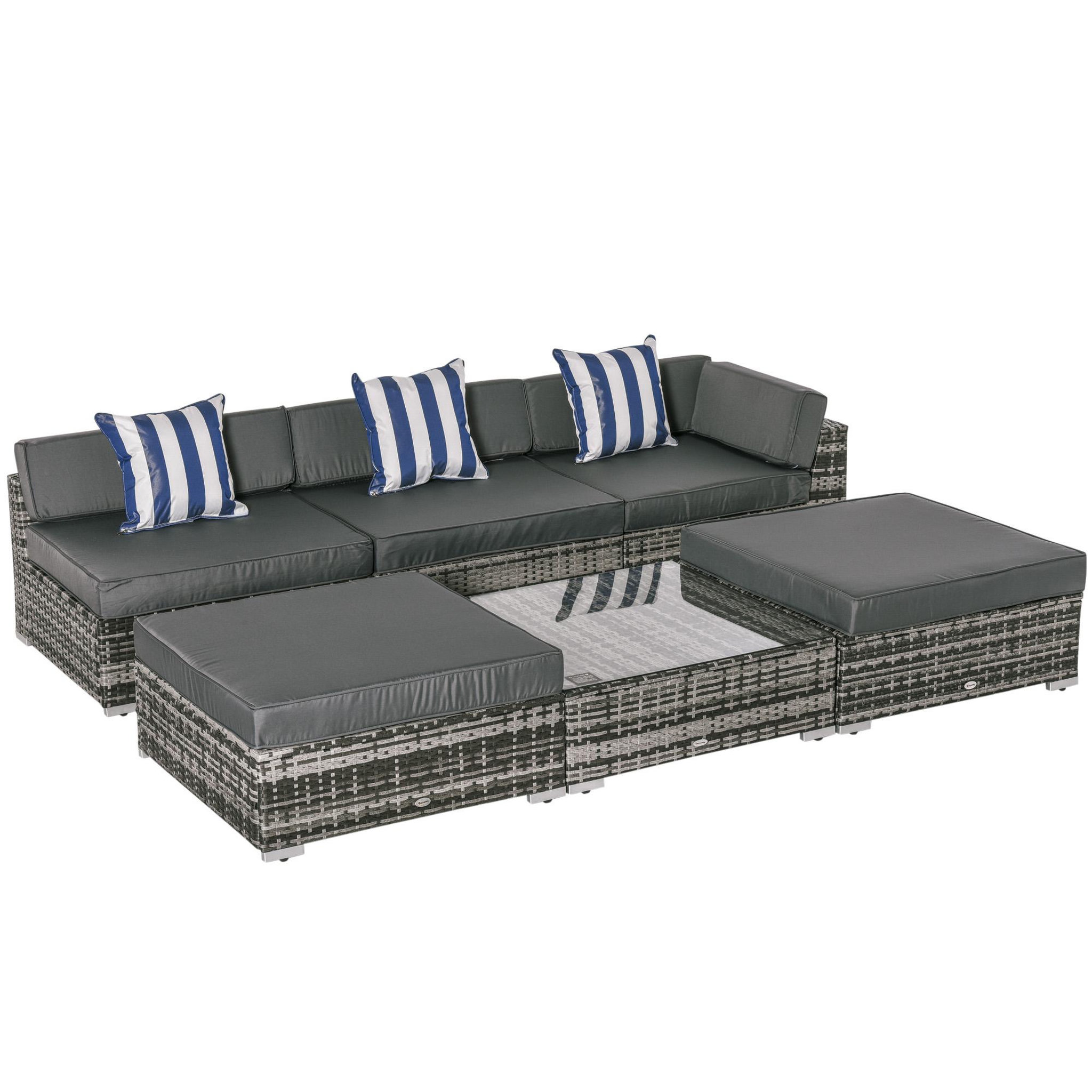 Voir la diapositive 1 : OUTSUNNY Ensemble salon de jardin 5 places 6 pièces modulables plateau verre trempé coussins déhoussables résine tressée imitation rotin gris