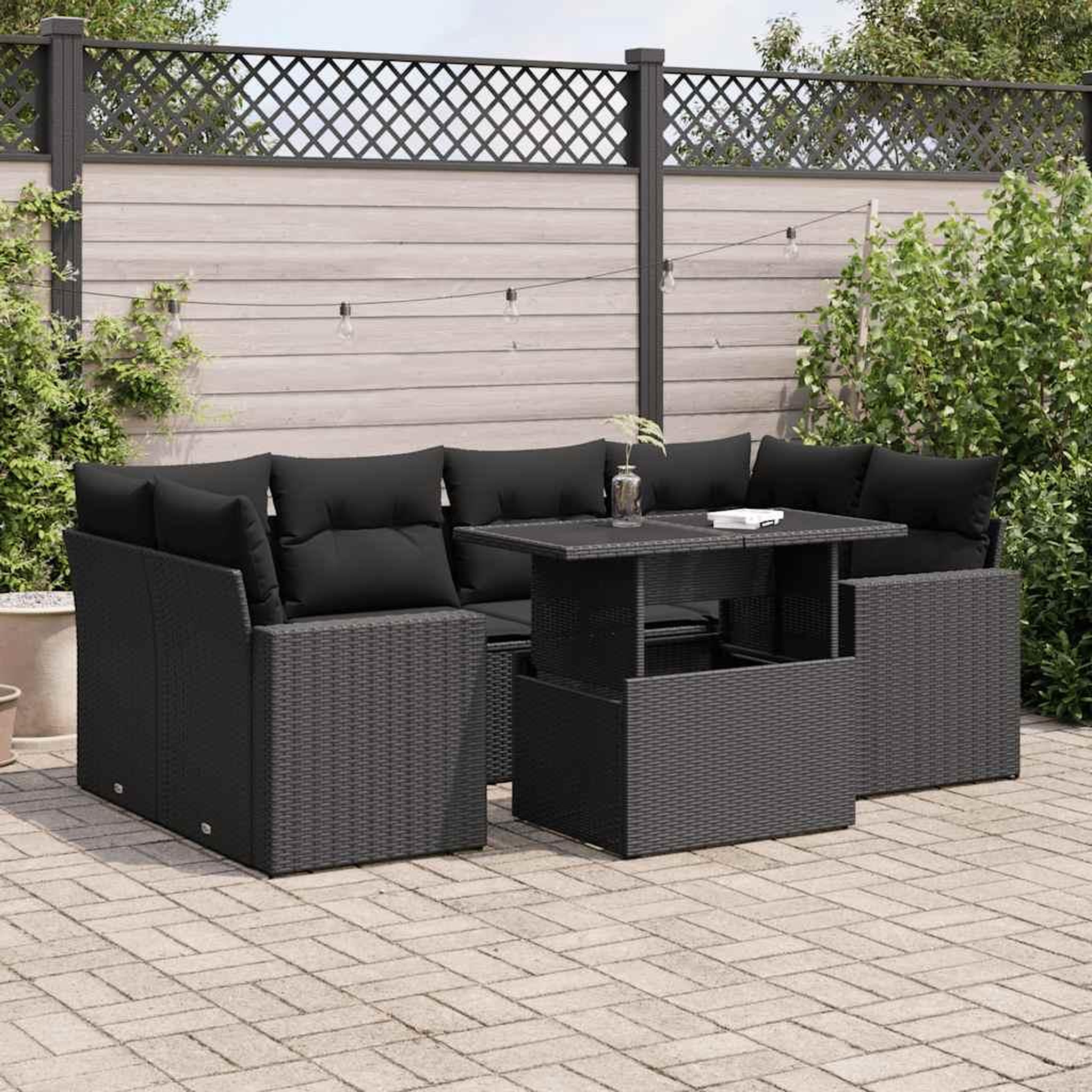 VIDAXL Salon de jardin 7 pcs avec coussins noir resine tressee