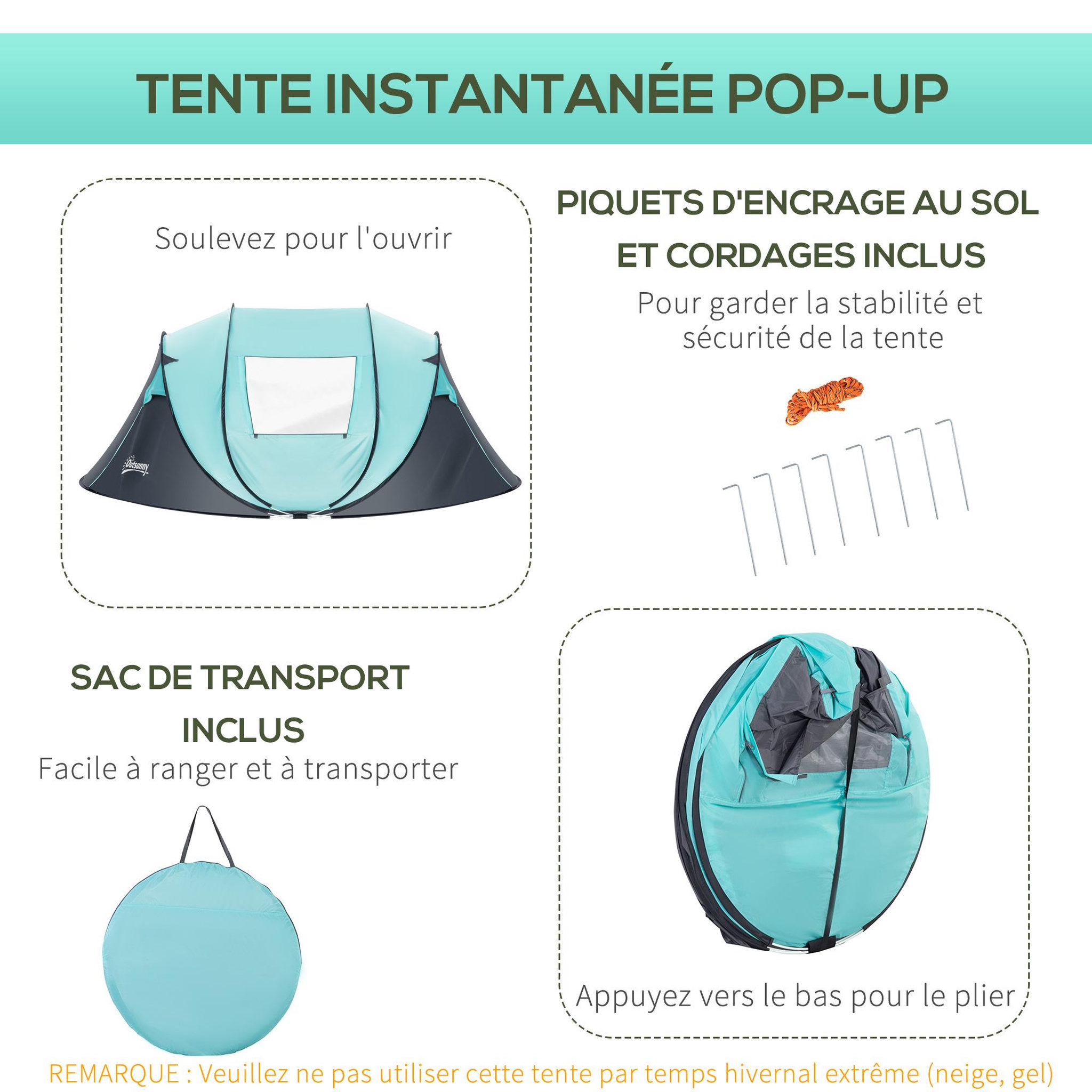 Voir la diapositive 5 : OUTSUNNY Tente pop up montage instantané - tente de camping 3-4 pers.  - 2 portes, 2 fenêtres moustiquaires - dim. 2,86L x 2,09l x 1,22H m - fibre verre polyester bleu gris