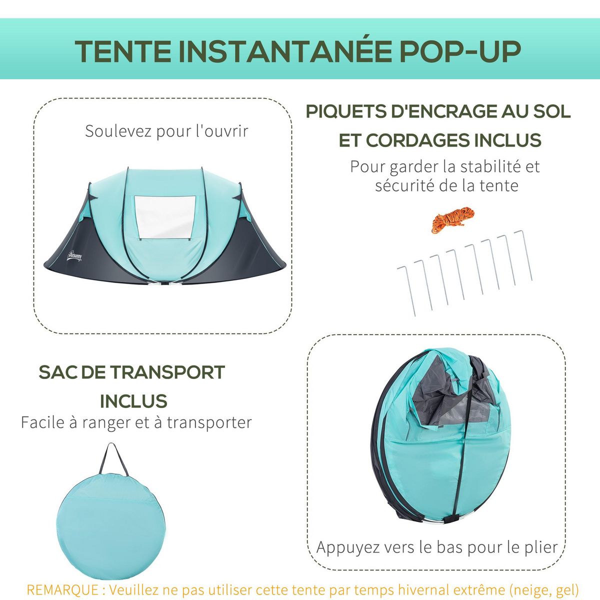 OUTSUNNY Tente pop up montage instantané - tente de camping 3-4 pers.  - 2 portes, 2 fenêtres moustiquaires - dim. 2,86L x 2,09l x 1,22H m - fibre verre polyester bleu gris