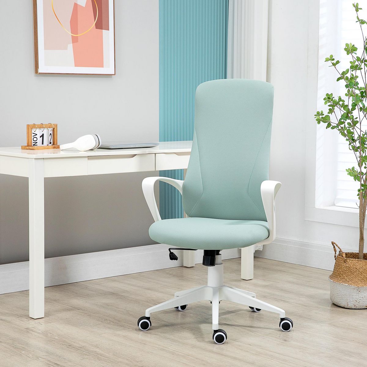 VINSETTO Fauteuil de Bureau ergonomique avec accoudoirs et roulettes pivotant - Fonction Inclinaison et Hauteur réglable dim. 62L x 56l x 119,5H cm - Vert