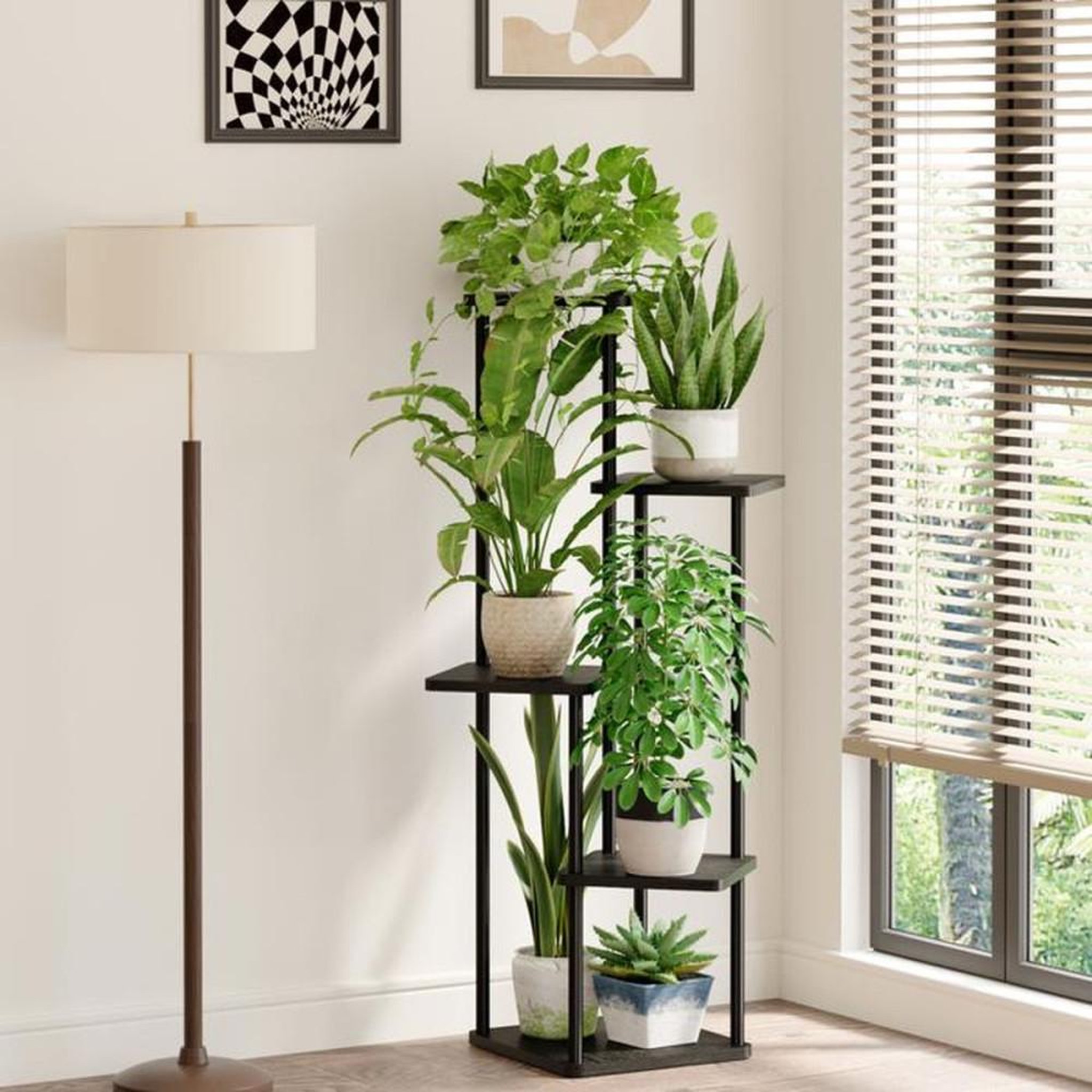 Voir la diapositive 2 : Porte-plantes 5 niveaux en métal et bois noir, pour jusqu'à 5 pots, 47 x 47 x 106,7 cm