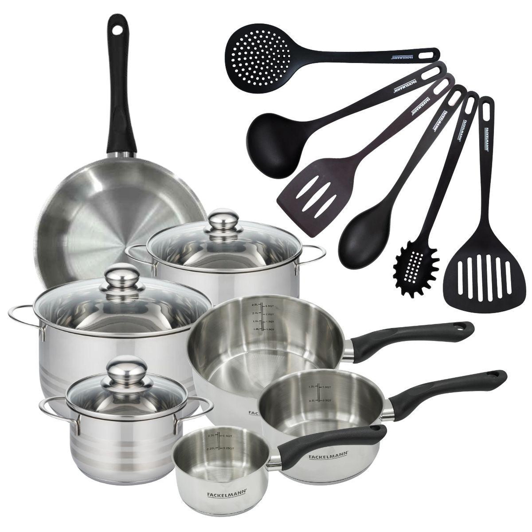 Fackelmann Batterie de cuisine 1 poêle 24 cm, 3 casseroles 12/16/20 cm, 3 faitouts 16/20/24 cm, 6 ustensiles fackelmann geneva