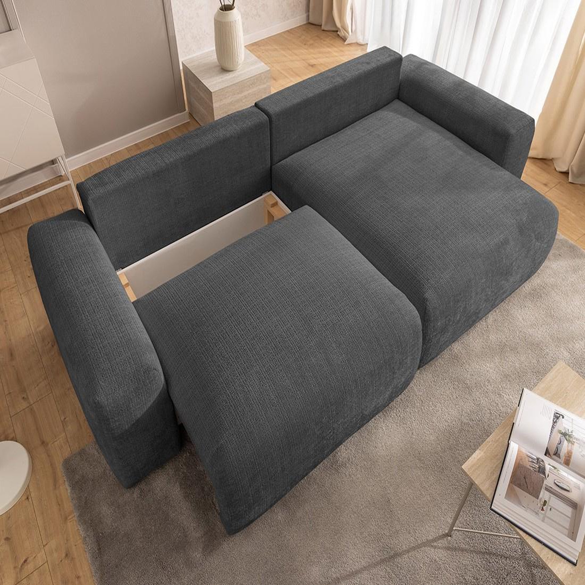 Voir la diapositive 3 : BEST MOBILIER Constance - canapé d'angle réversible 4 places convertible avec coffre en velours texturé