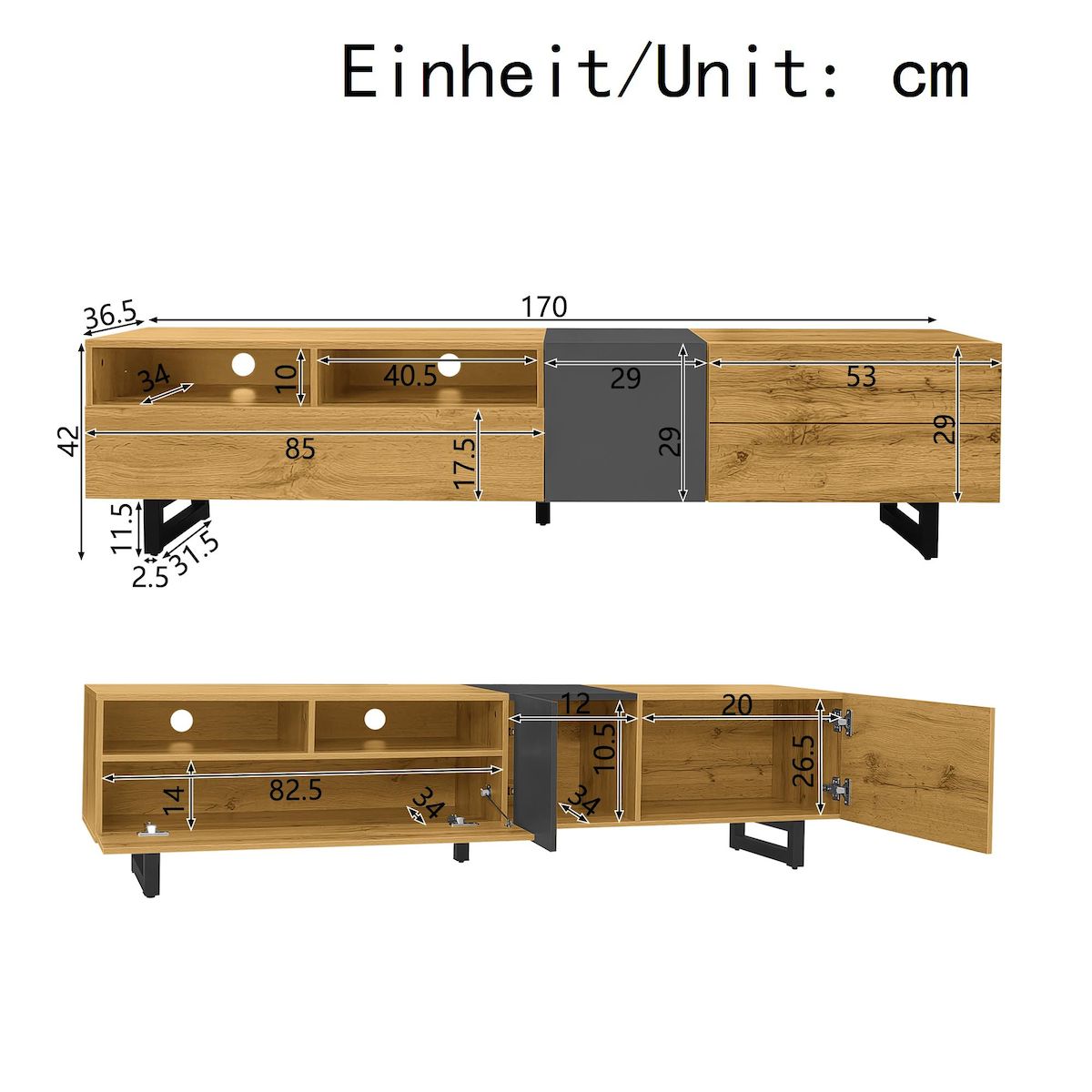 MERAX Meuble tv naturel+noir 170 cm panneau de particules