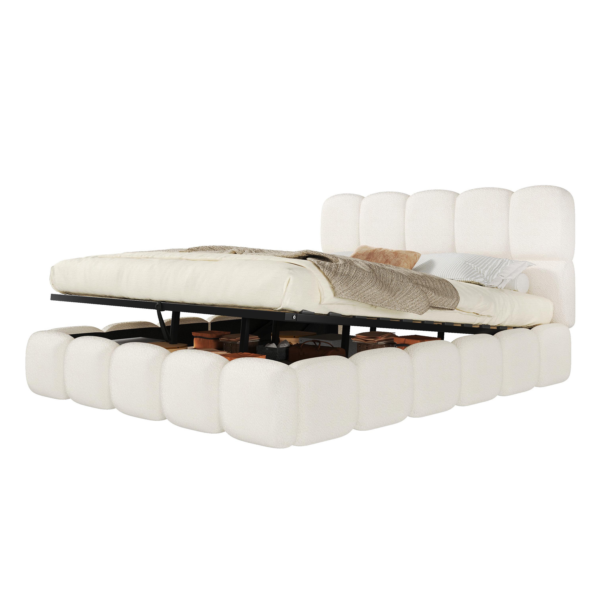 Voir la diapositive 1 : MERAX Lit coffre adulte avec rangement hydraulique, tête de lit rembourrée tissu bouclé blanc