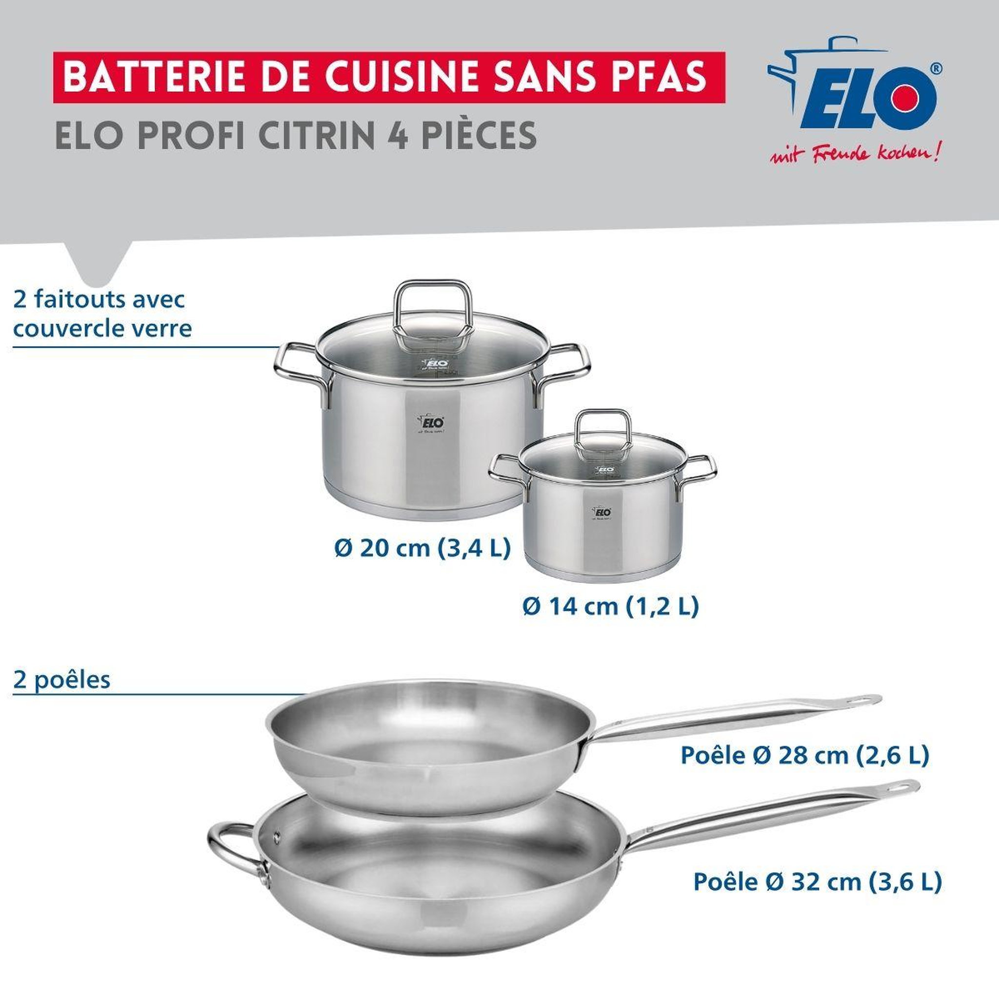 Voir la diapositive 2 : ELO Ensemble de 2 poêles de cuisson 28 et 32 cm et 2 faitouts 14 et 20 cm elo profi citrin