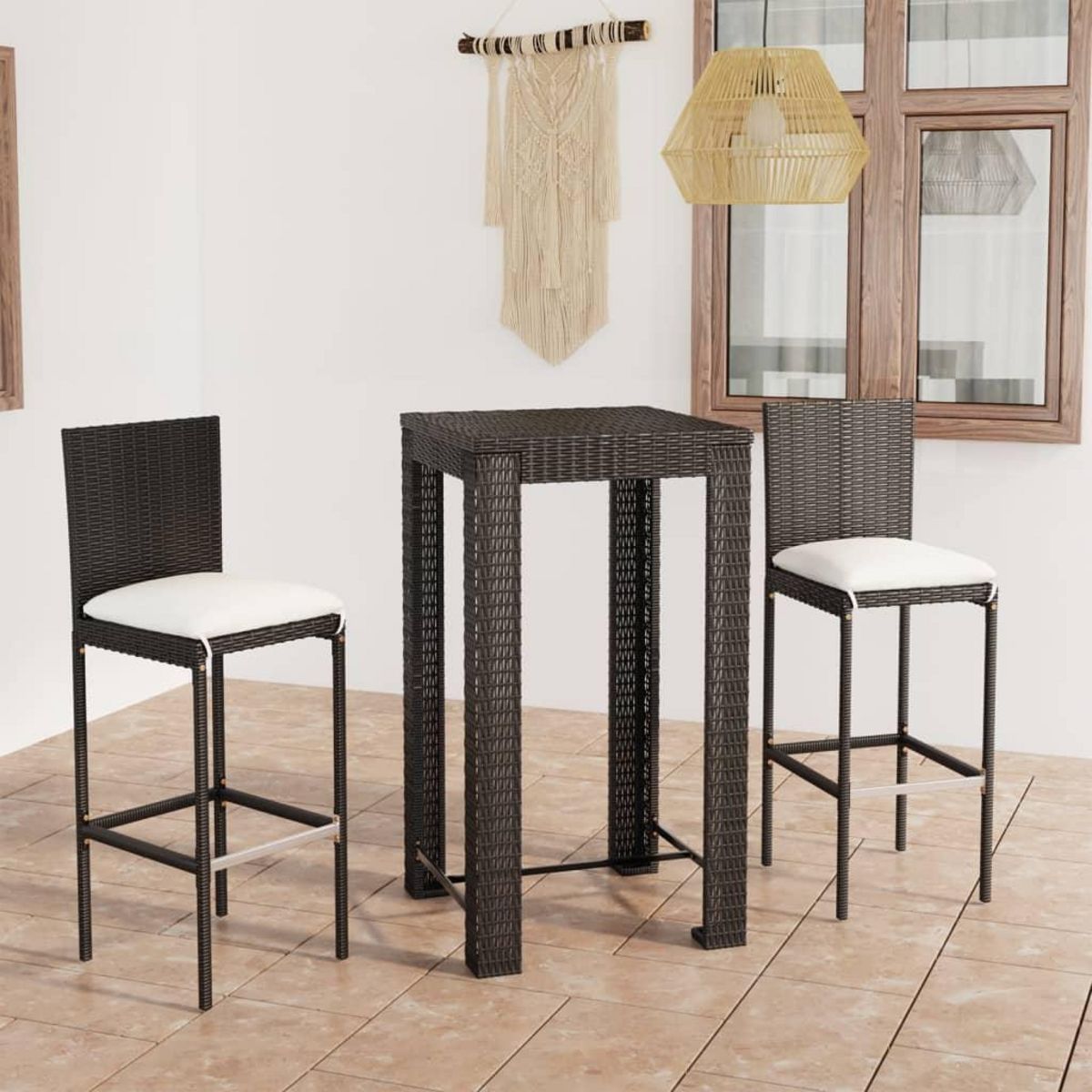 VIDAXL Ensemble de bar d'exterieur 3 pcs coussins Resine tressee Noir