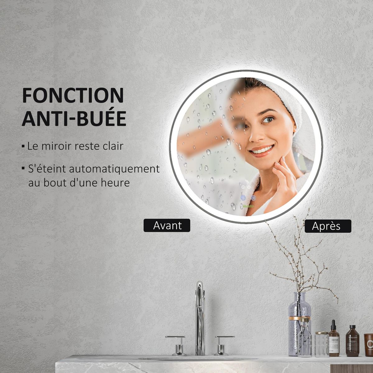 KLEANKIN Miroir rond lumineux LED de salle de bain 29 W Ø 60 cm tactile antibuée blanc argent
