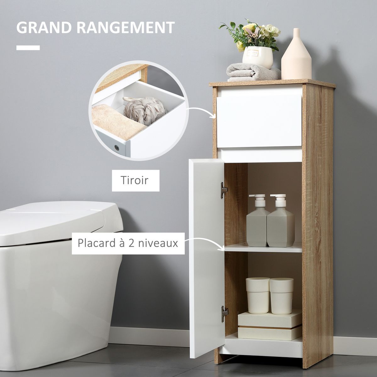 KLEANKIN Meuble colonne bas salle de bain style cosy dim. 32L x 30l x 90H cm porte étagère tiroir MDF blanc aspect chêne clair