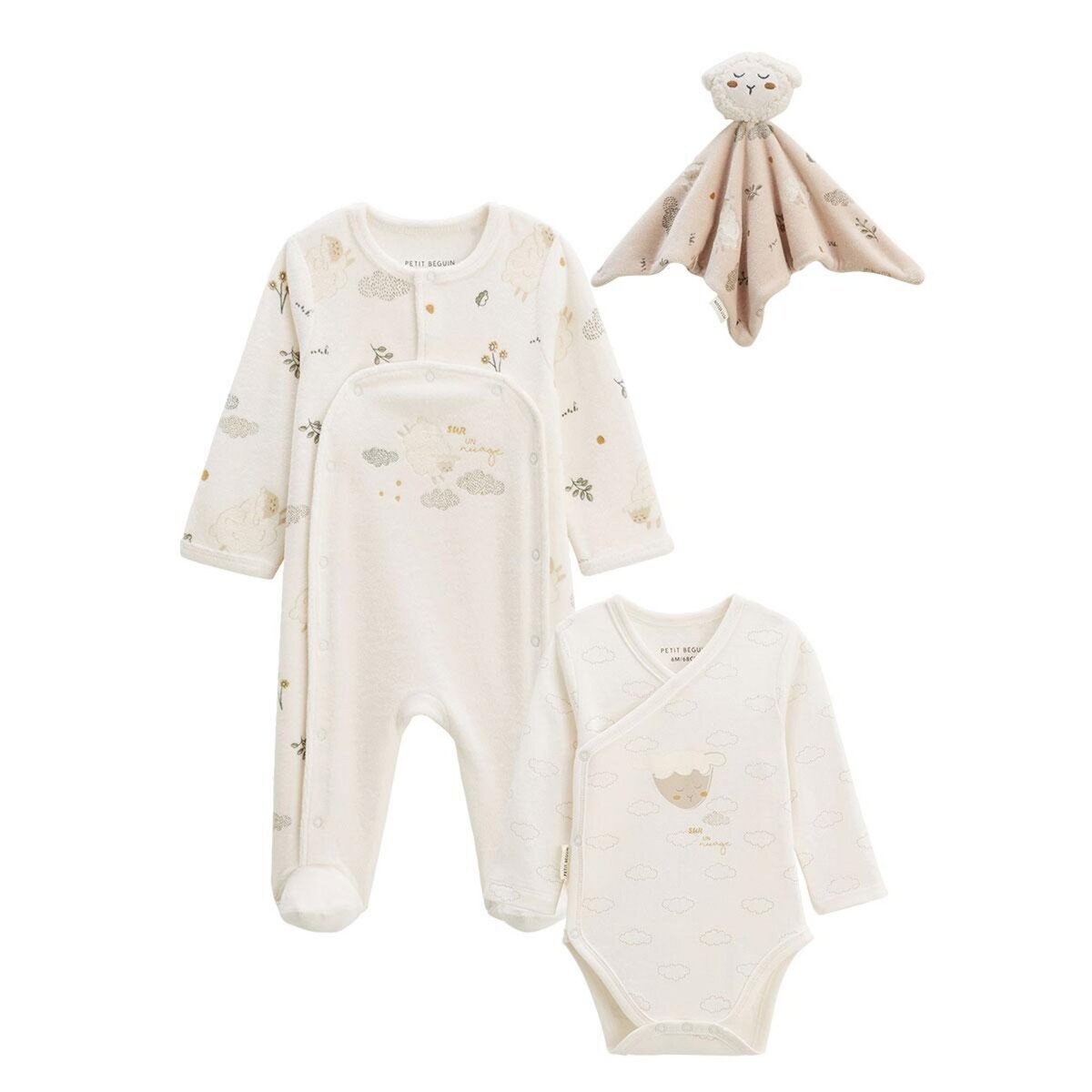 Petit Béguin Kit naissance 3 pièces pyjama, body et doudou bébé Câlins