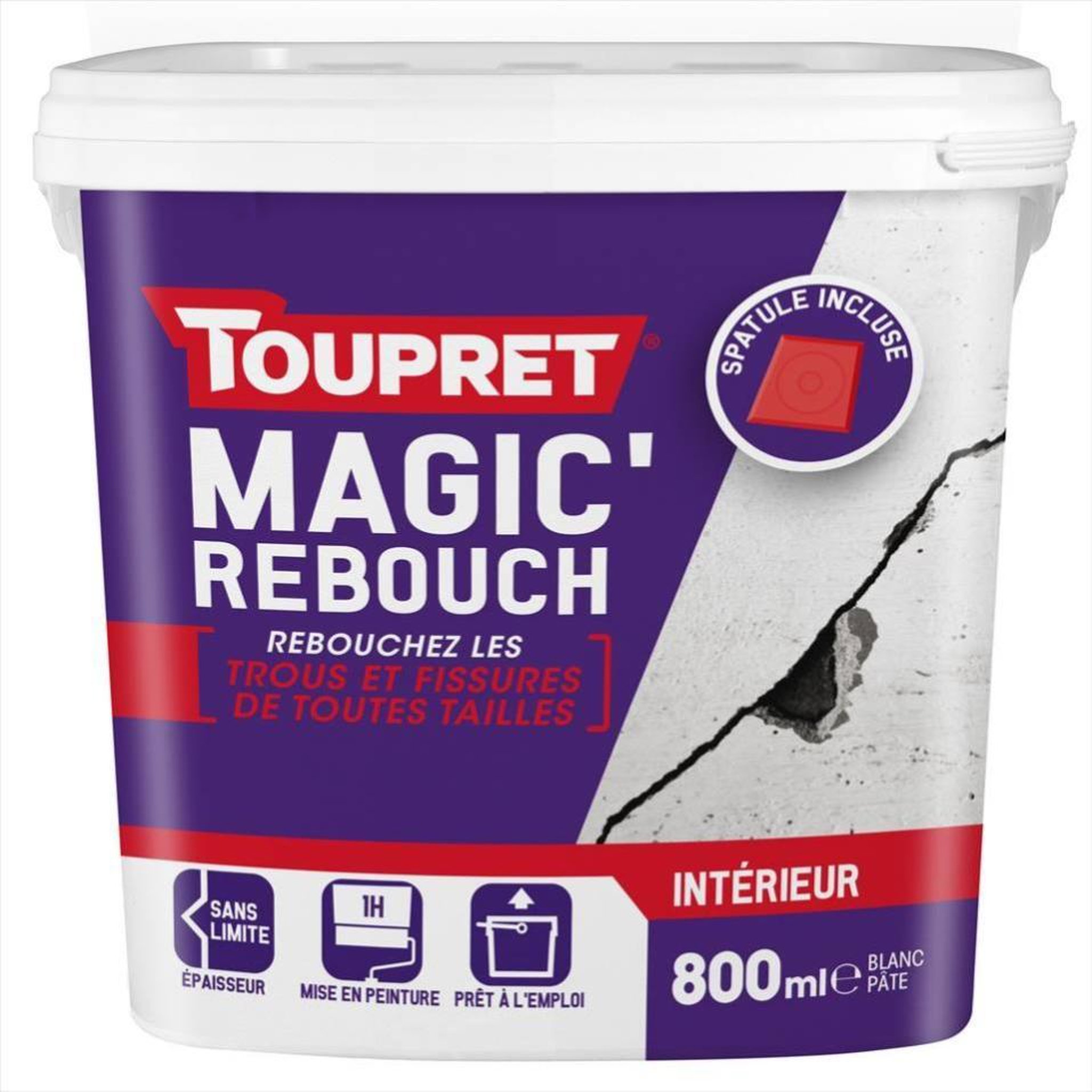 TOUPRET Enduit de rebouchage TOUPRET + spatule 800ml en pâte allégée pour mur et plafond