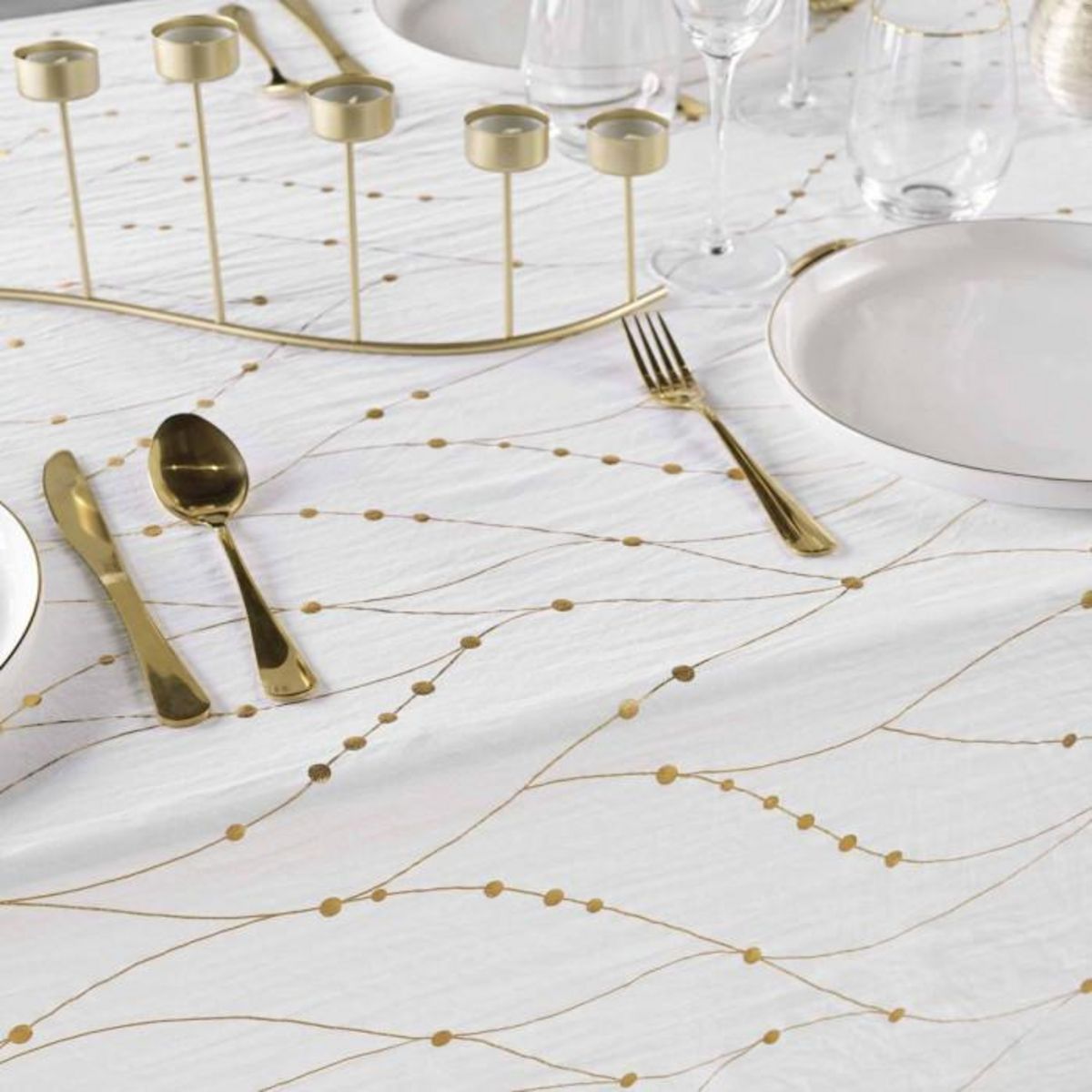 Paris Prix Nappe Antitache Imprimé  Firmament  140x240cm Blanc & Or