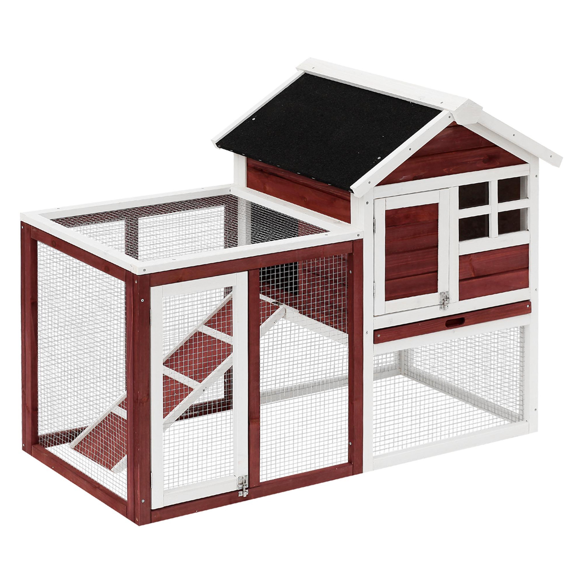 PAWHUT Clapier cage à lapins multi-équipé : niche supérieure avec rampe, plateau excrément, fenêtre + enclos  extérieur sécurisé 2 portes 122l x 63l x 92h cm rouge brique