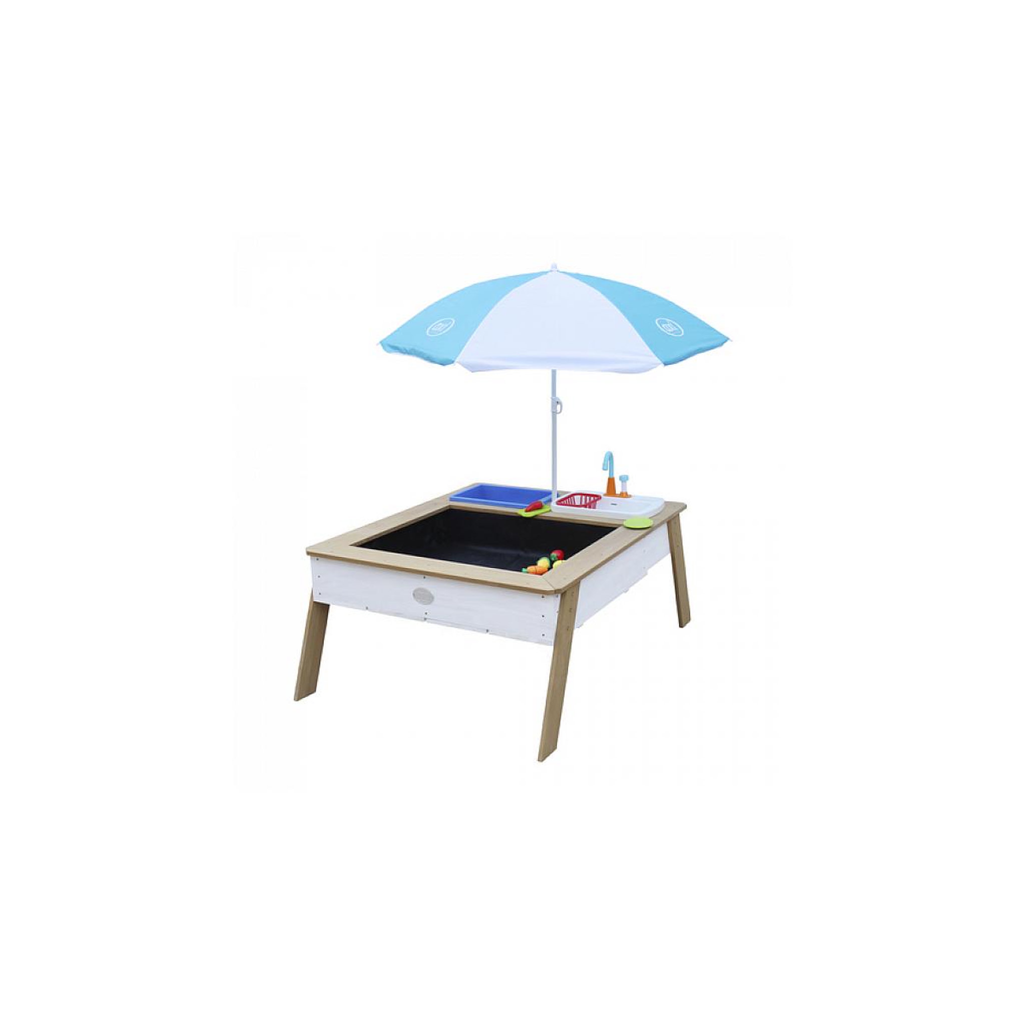 Axi House AXI Linda Table sable et eau avec Cuisine et evier Marron Blanc Parasol Bleu Blanc