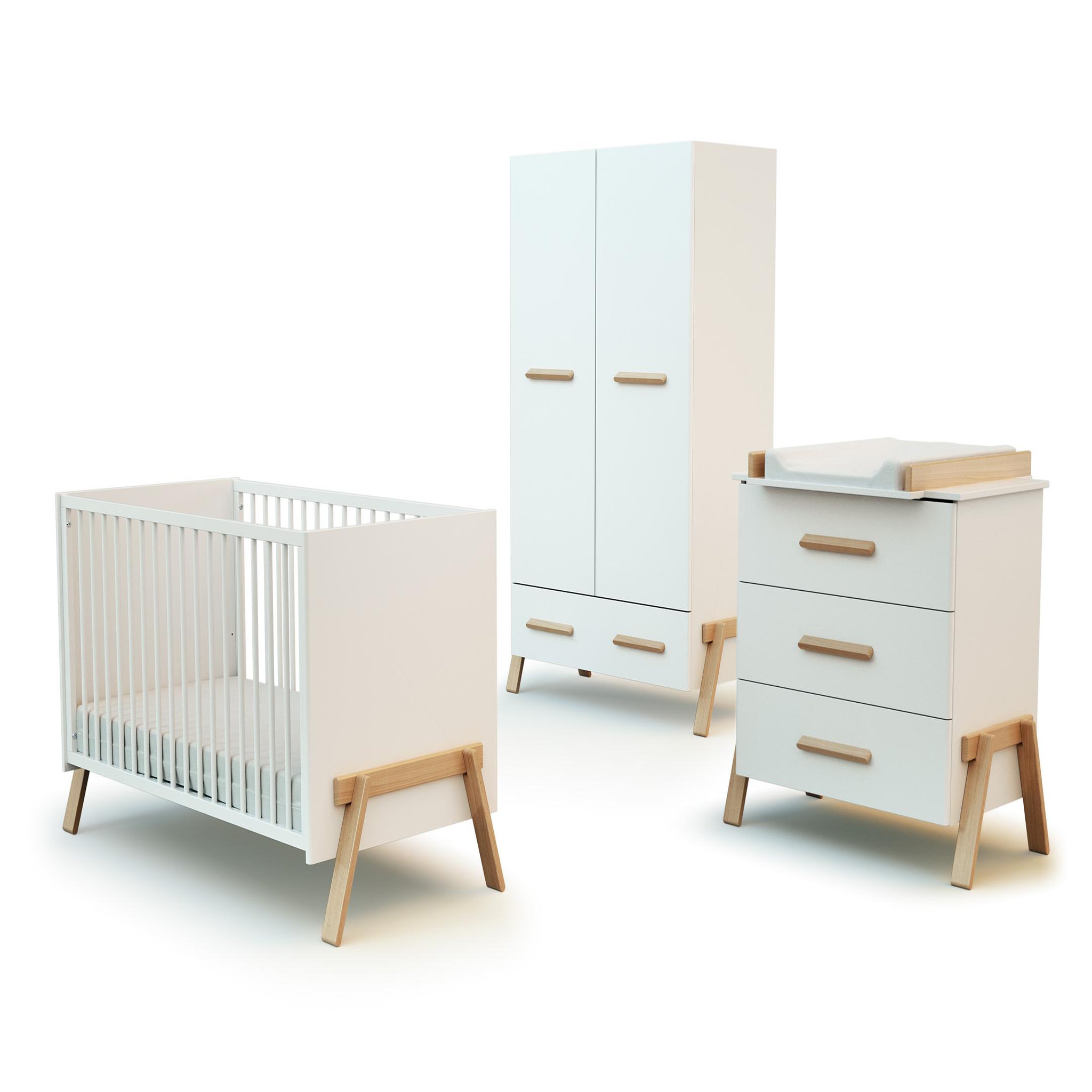 AT4 Chambre bébé lit, commode à langer 3 tiroirs et armoire canaille bois