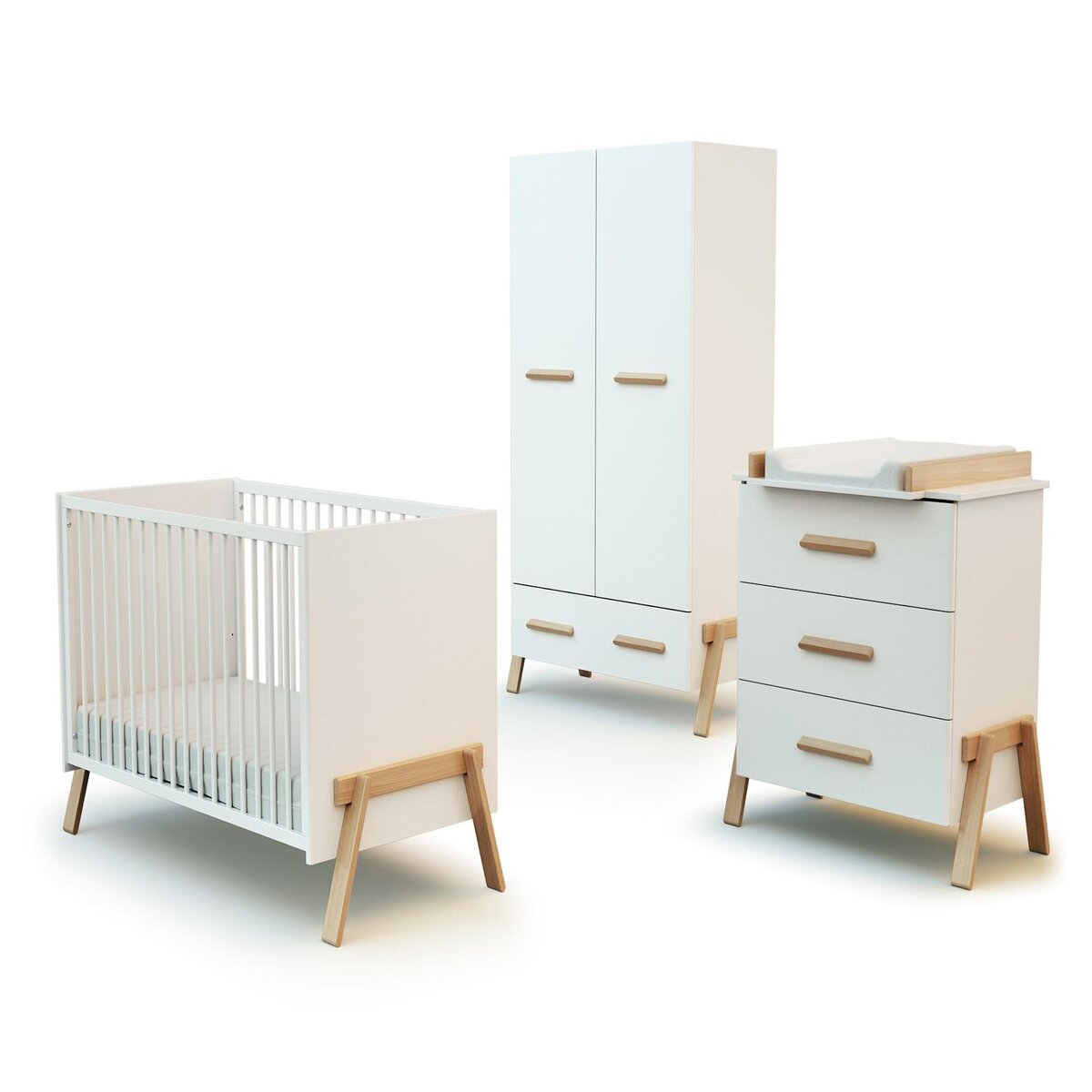 AT4 Chambre bébé lit, commode à langer 3 tiroirs et armoire CANAILLE bois
