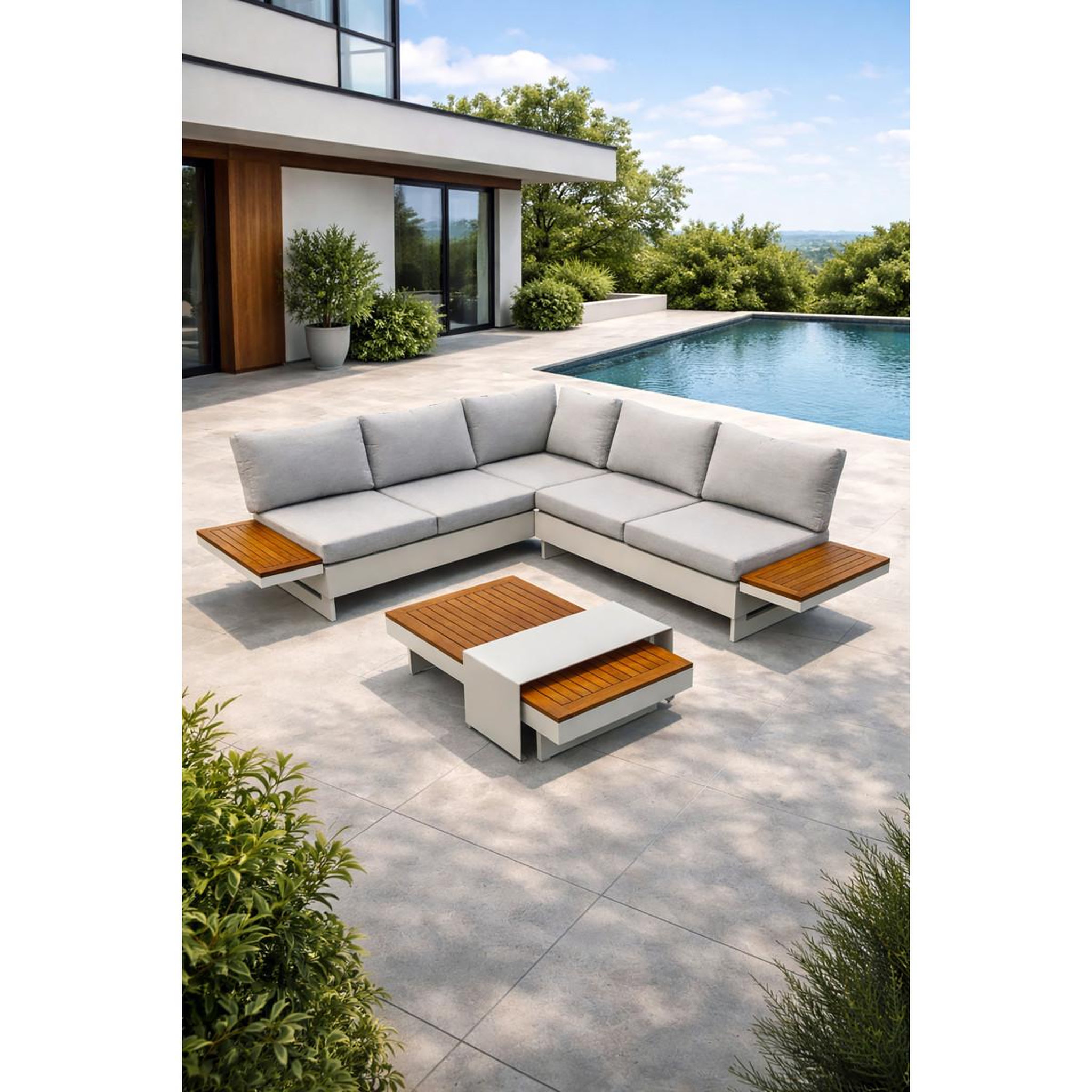 Voir la diapositive 2 : Paris Prix Salon d'angle de jardin 6 places  minera  245cm gris & naturel