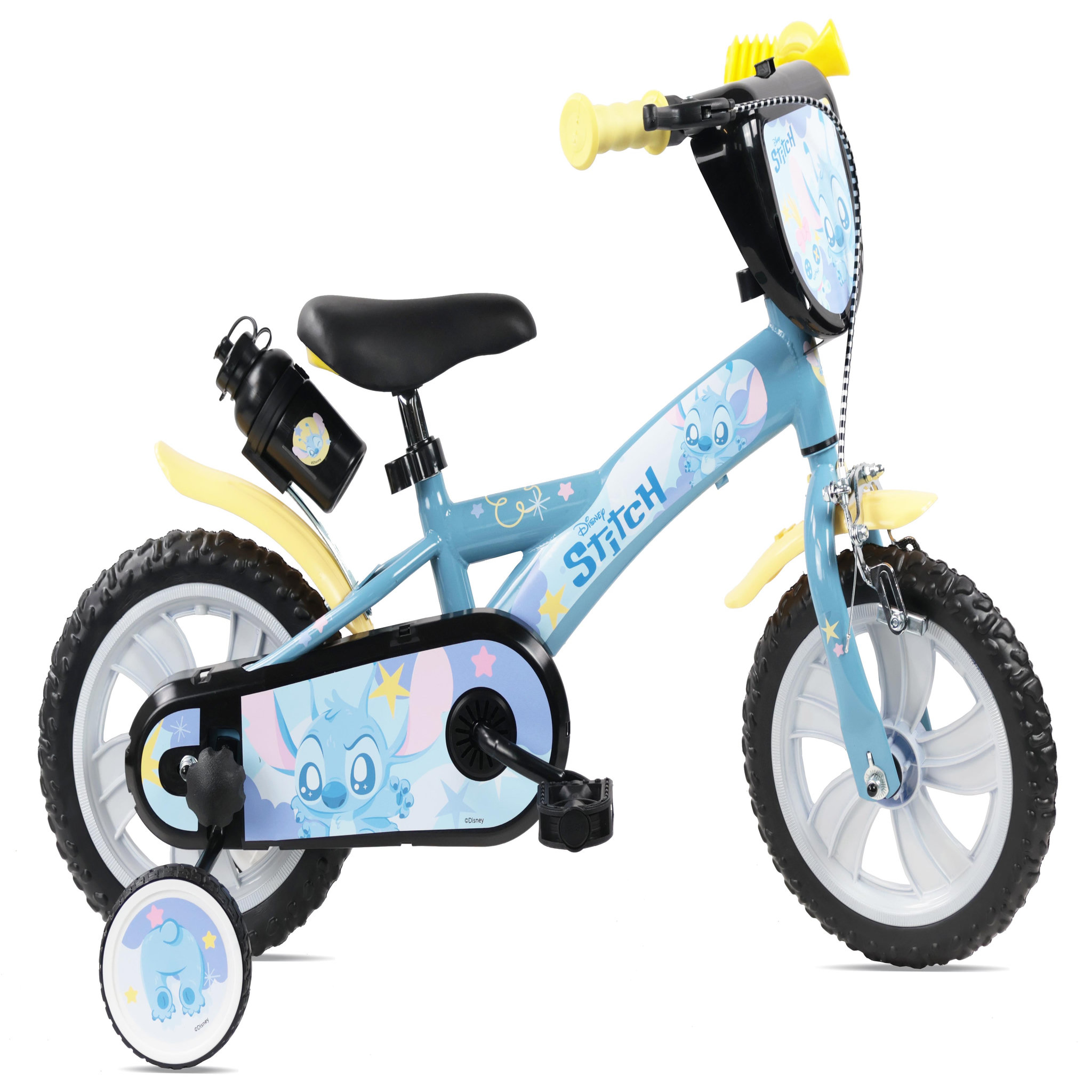 DISNEY Vélo enfant 12'' STITCH ( <90 cm) équipé de 1 frein , plaque avant décorative , bidon arrière, stabilisateurs & pneus increuvables.