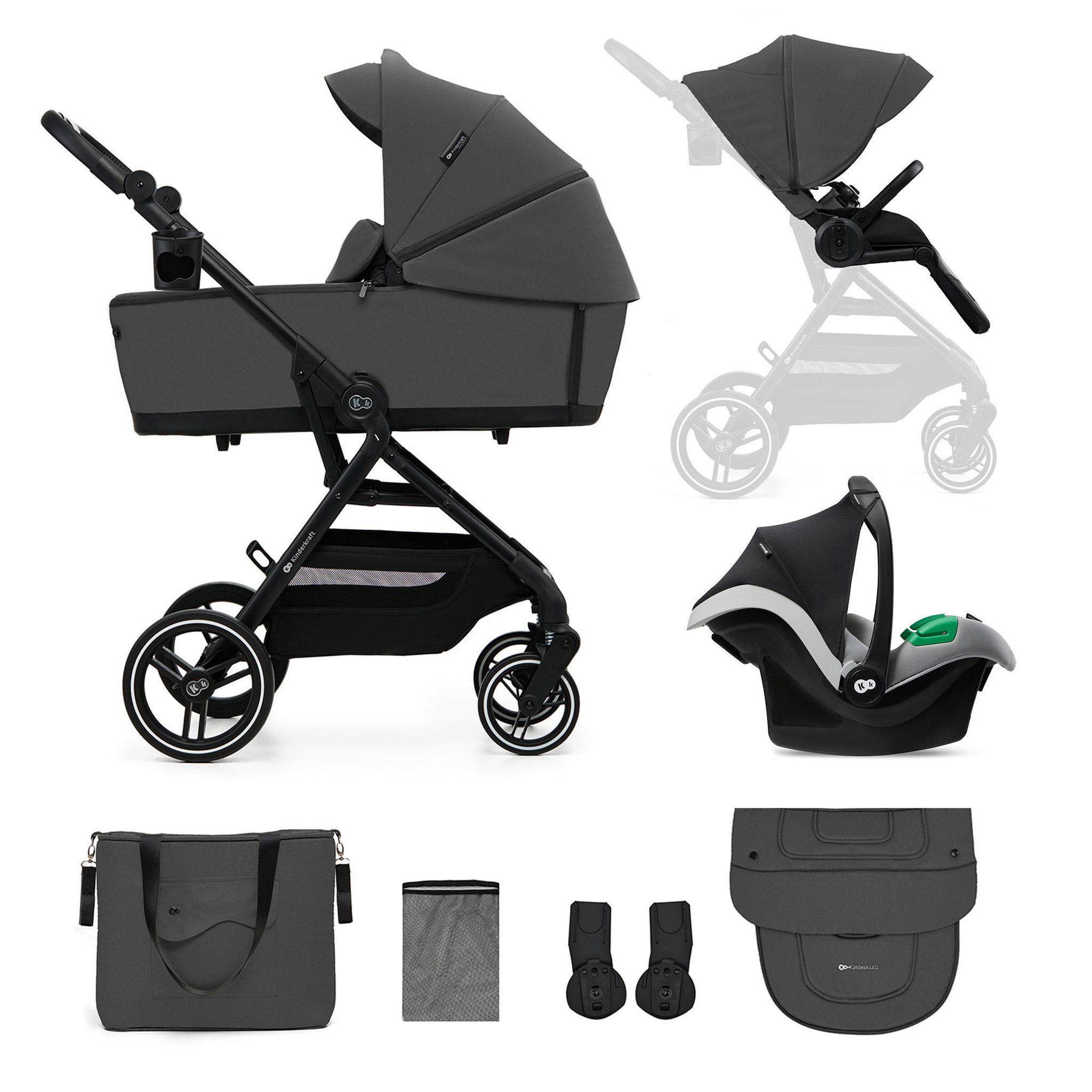 Voir la diapositive 1 : KINDERKRAFT Poussette 3 en 1 avec nacelle YOXI, roues anti-crevaison et accessoires