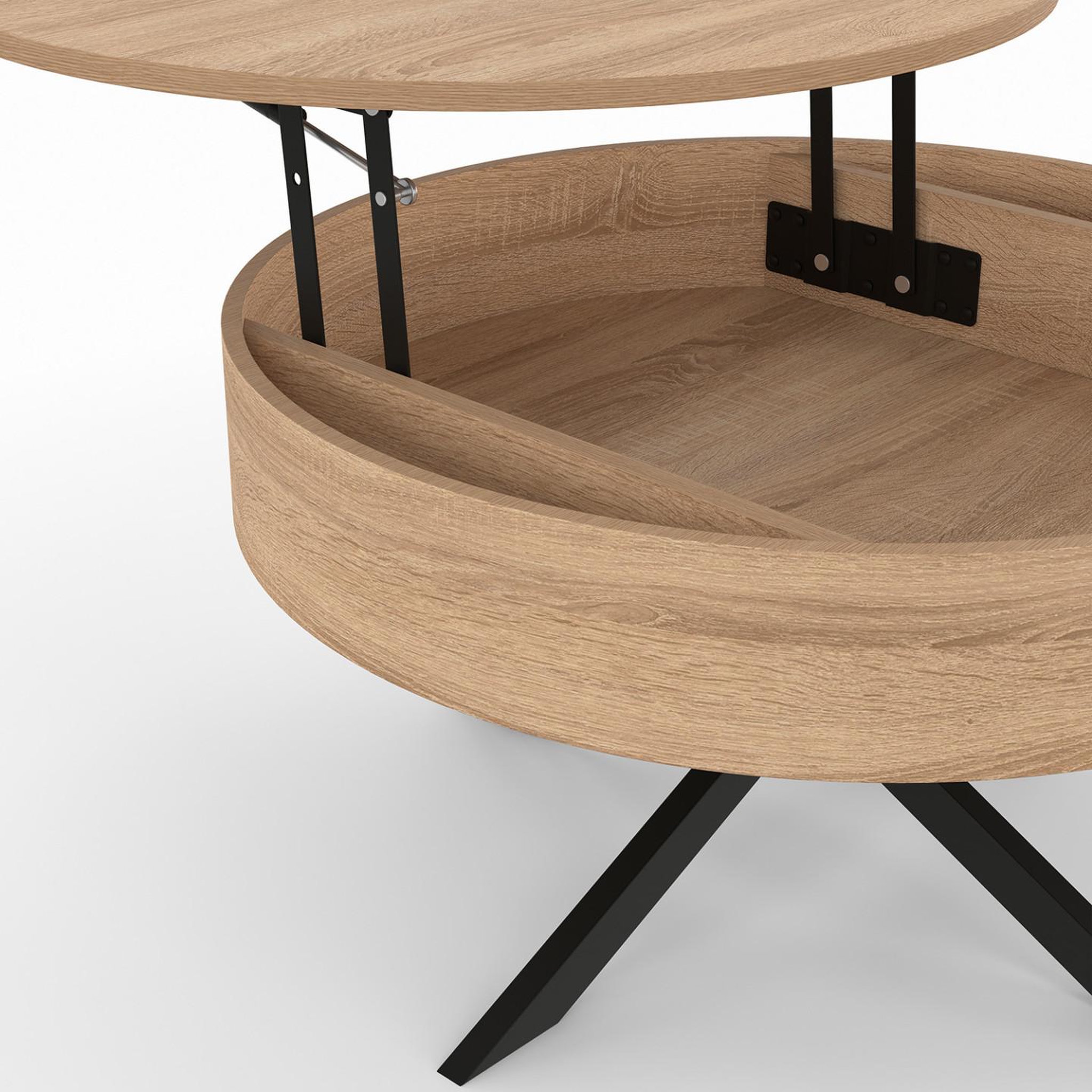 Voir la diapositive 6 : ID MARKET Table basse plateau relevable ronde alix 70 cm pied araignée bois et noir
