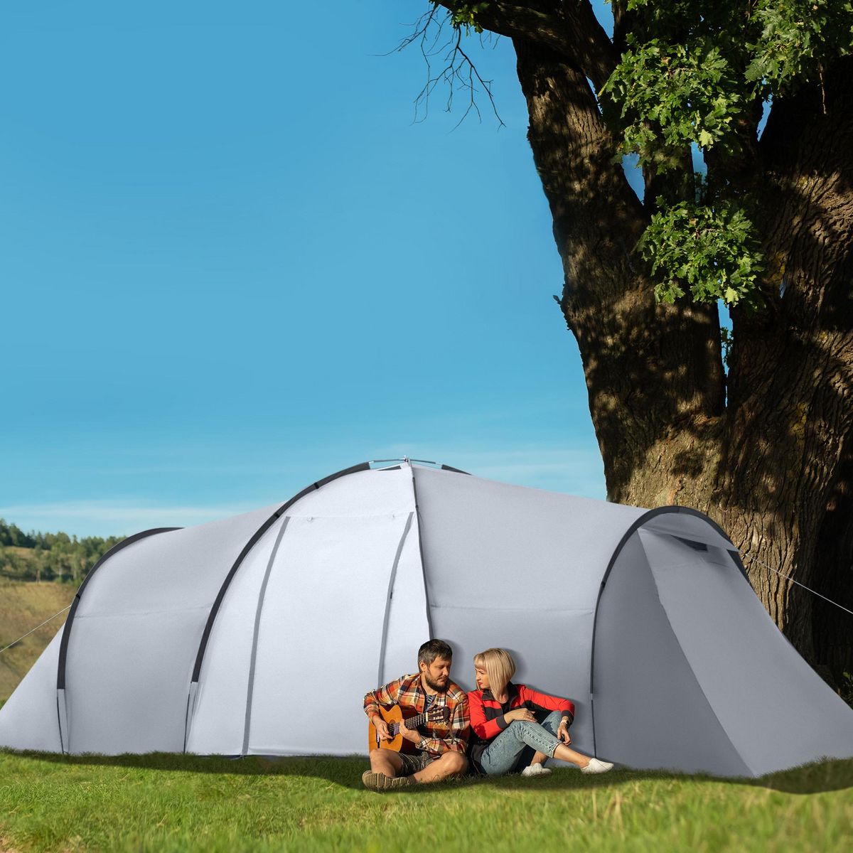 OUTSUNNY Tente de camping familiale 4-6 personnes 2 cabines 2 portes auvent 5,9L x 2,45l x 1,93H m rouge gris