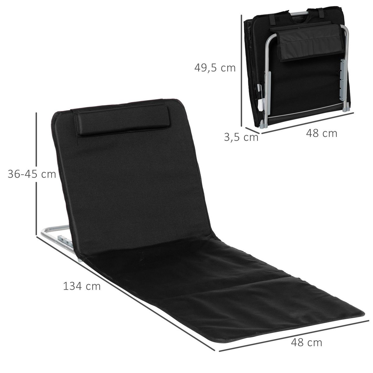 OUTSUNNY Lot de 2 tapis de plage rembourré - matelas de plage - nattes de plage - dossier inclinable multi-positions - sac transport inclus - métal polyester PE noir