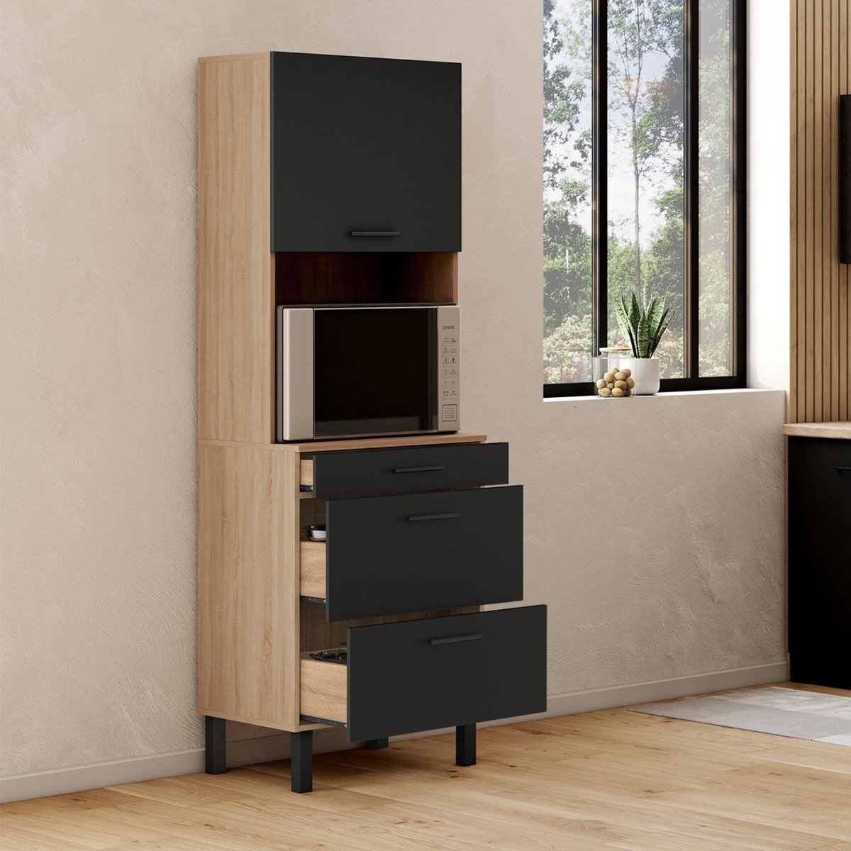 ID MARKET Colonne de cuisine micro-ondes et casserolier 60 cm CINA 2 portes façon hêtre et noir