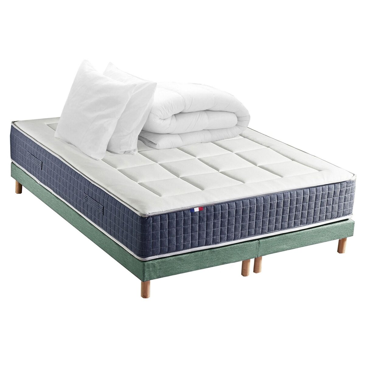 IDLITERIE Ensemble matelas ressort 7 zones KING STYLE, mémoire de forme, sommier, couette, oreillers