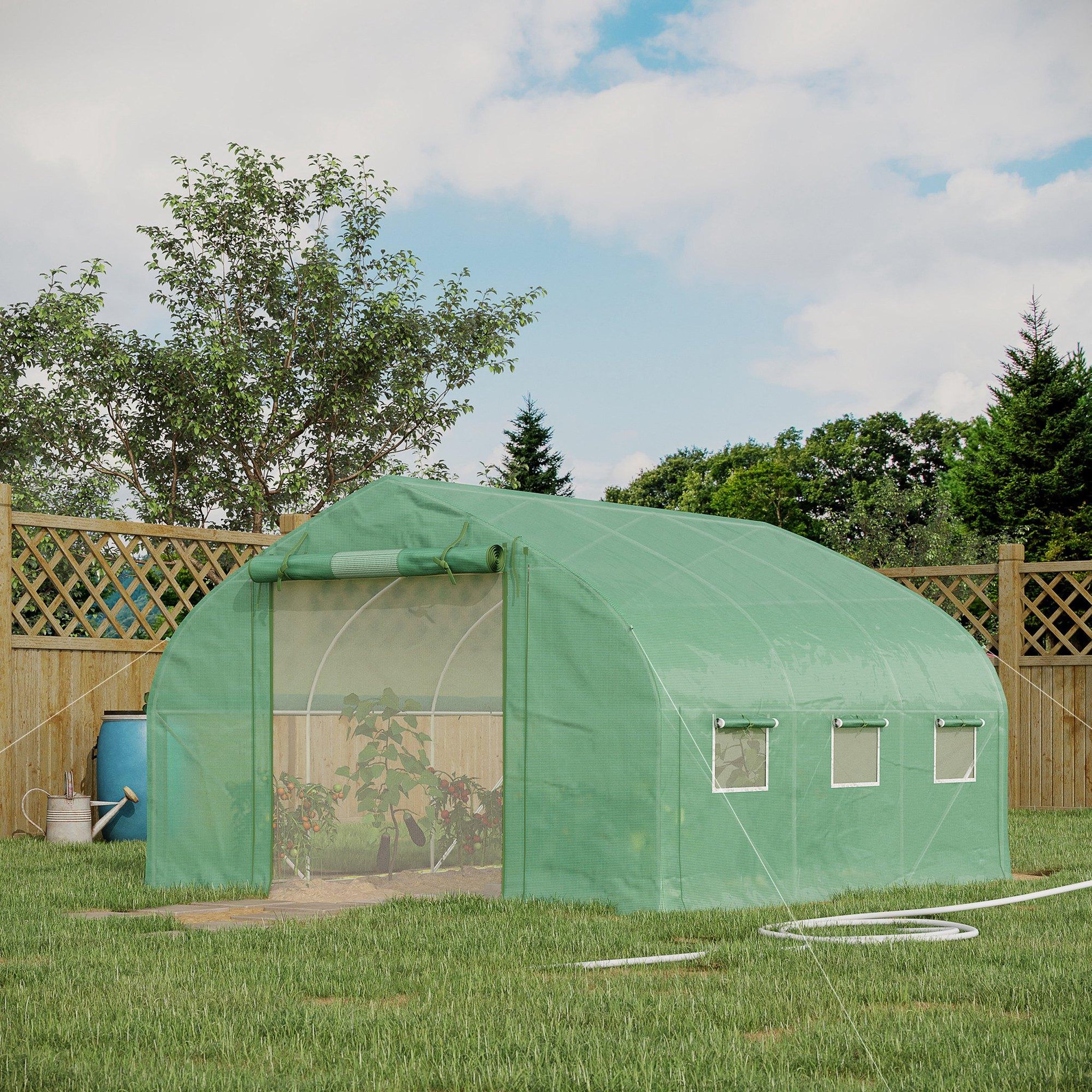 Voir la diapositive 2 : OUTSUNNY Serre de jardin tunnel 10,4 m² - 6 fenêtres et porte zippée avec moustiquaires - acier galvanisé pe vert