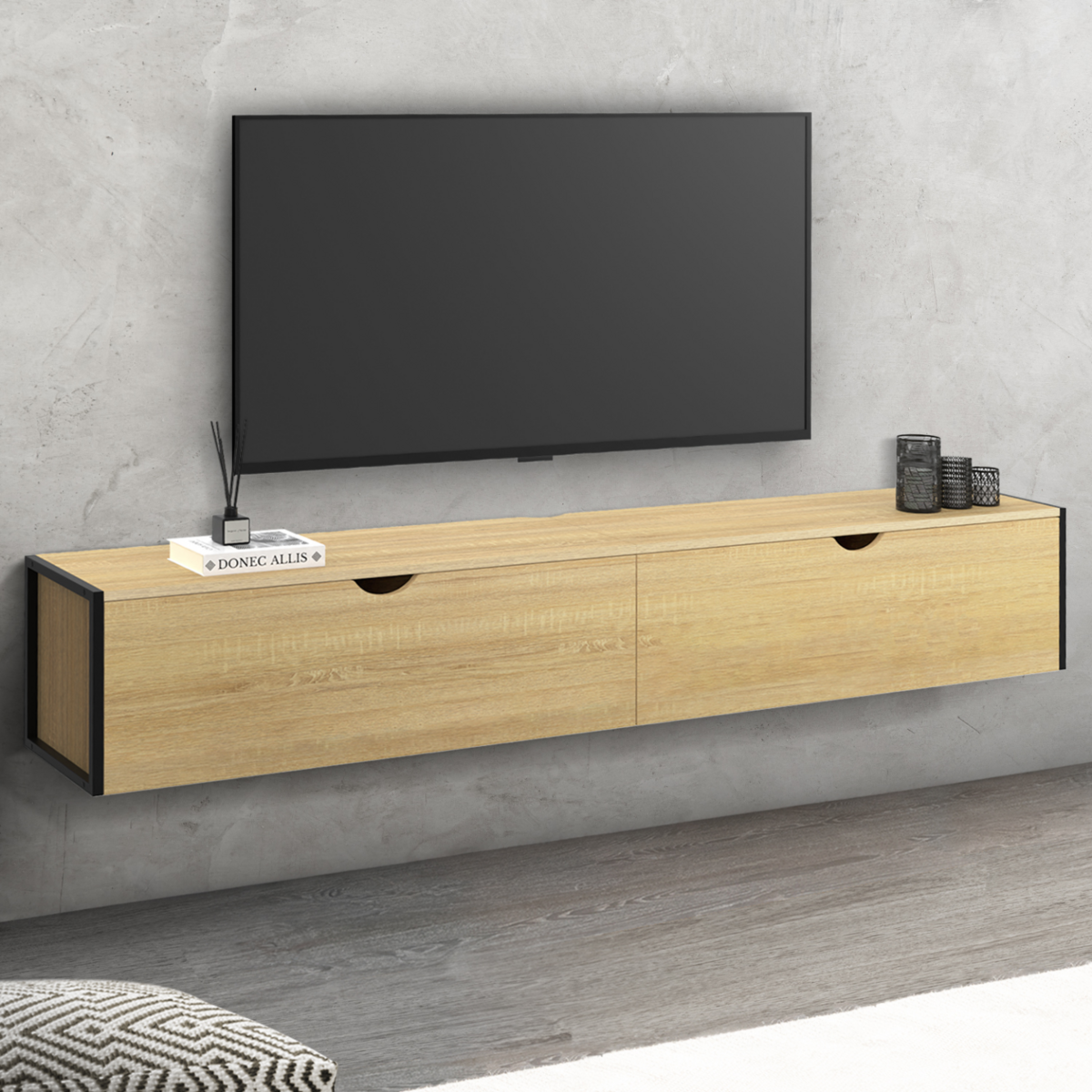 ID MARKET Meuble TV 180 cm suspendu DETROIT 2 portes design industriel