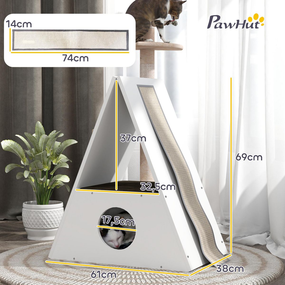 PAWHUT Niche chat design - maison pour chat - 2 tapis, 2 grattoirs sisal - blanc beige