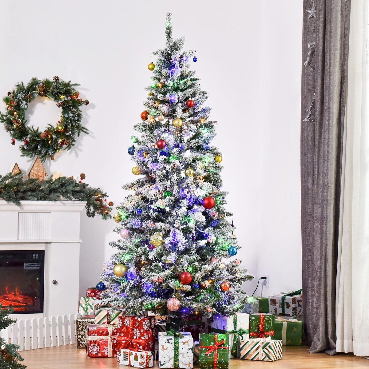 HOMCOM Sapin de Noël artificiel enneigé lumineux LED x 250 multicolore Ø 112 x 210H cm 829 branches vert blanc
