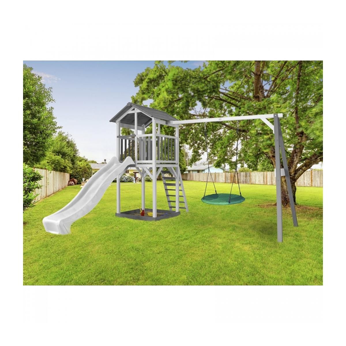 Axi House AXI Structure de jeu Beach Tower avec 1 balancoire siege nid rond Blanc Gris avec Toboggan Blanc
