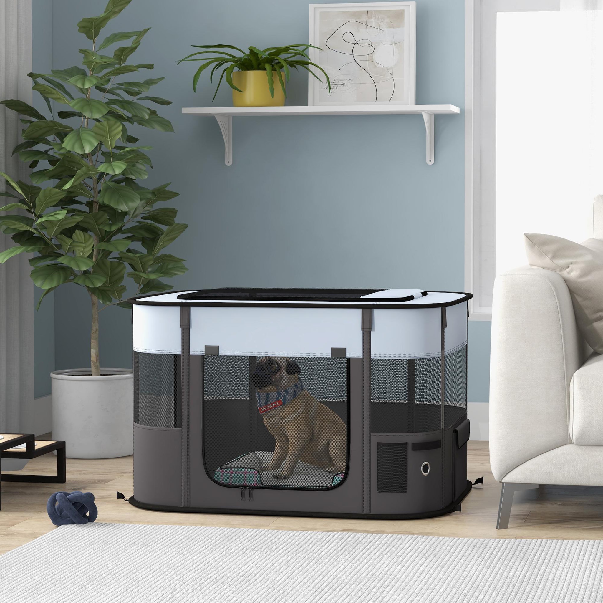 Voir la diapositive 2 : PAWHUT Parc pliable pour chien en tissu oxford - fenêtres, portes en maille - sac de rangement - gris noir