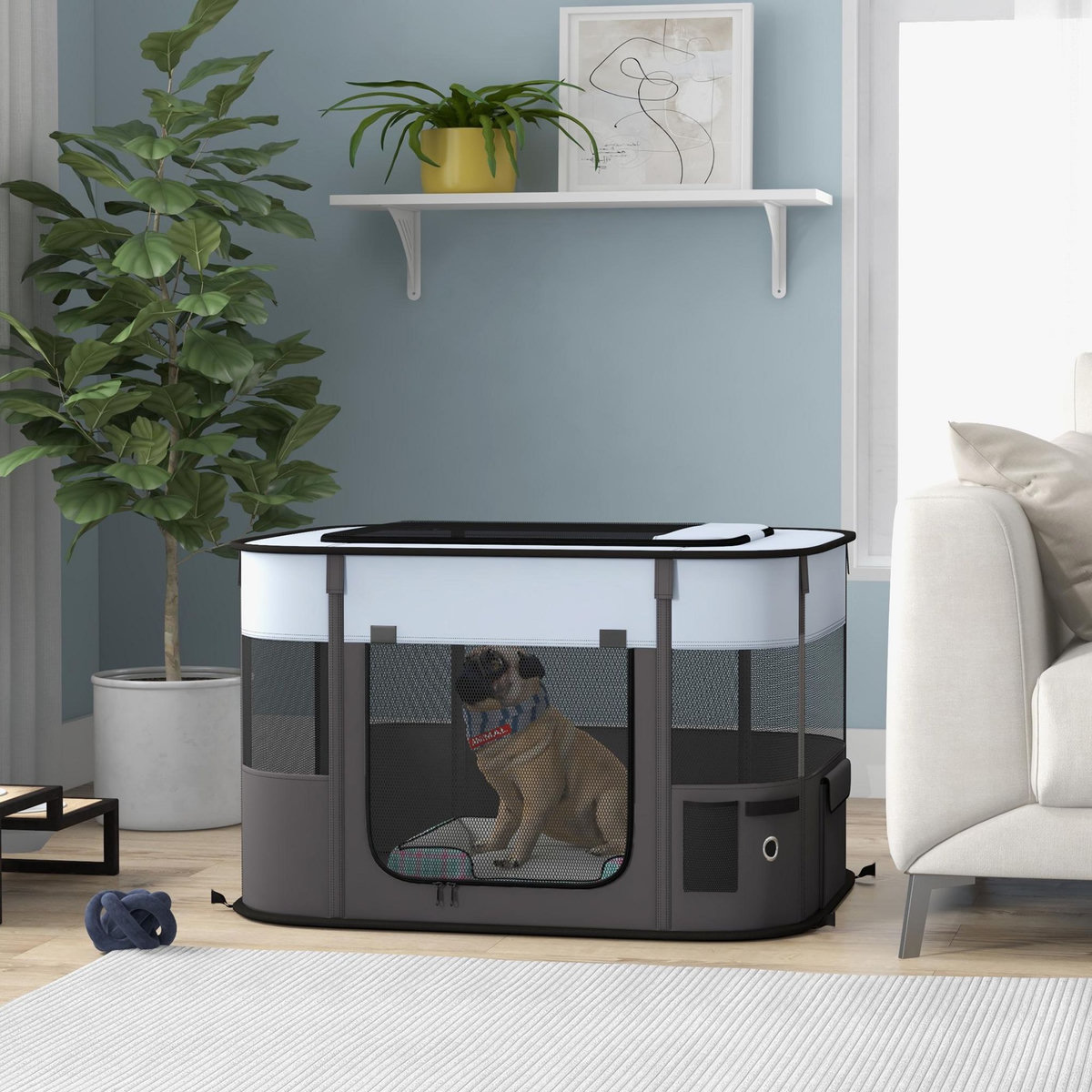 PAWHUT Parc pliable pour chien en tissu Oxford - fenêtres, portes en maille - sac de rangement - gris noir