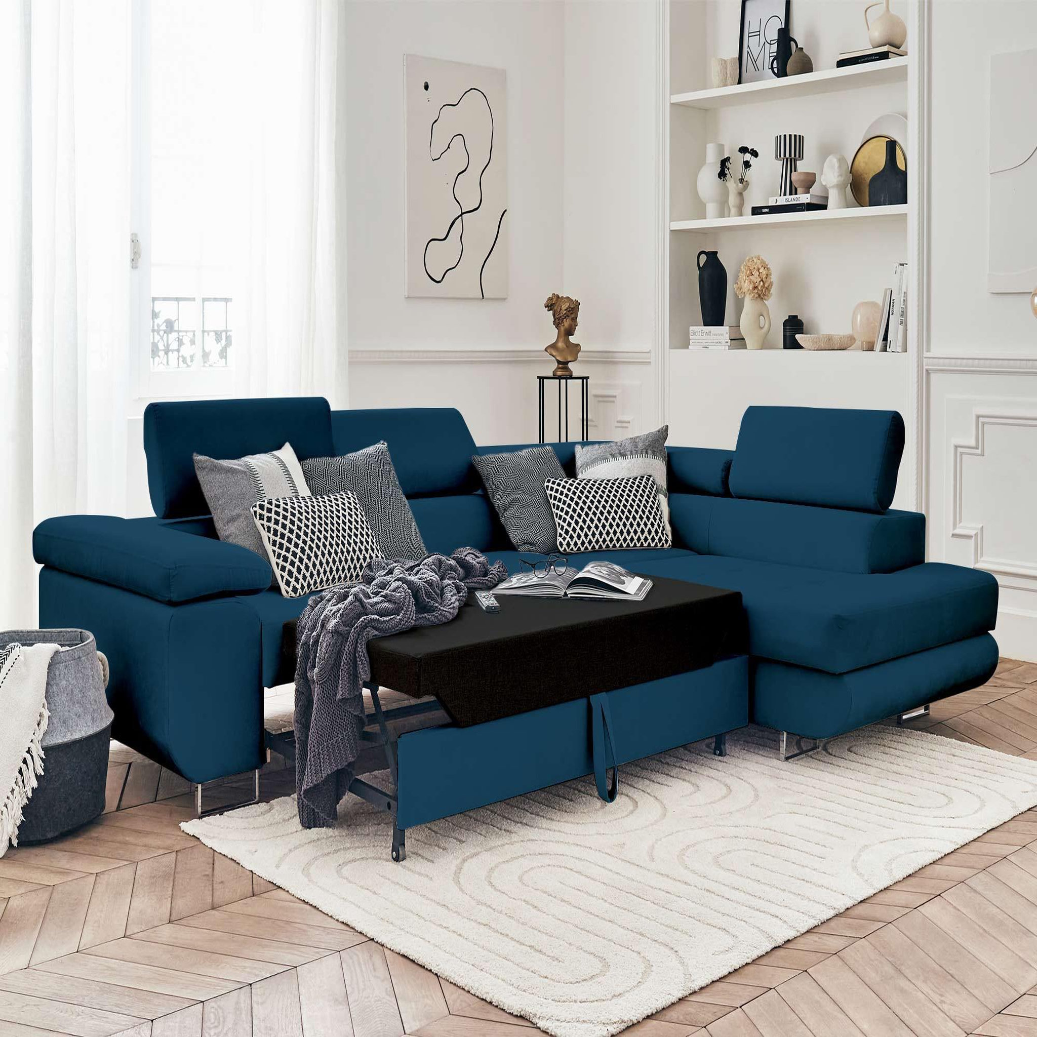 Voir la diapositive 2 : BEST MOBILIER Pablo - canapé d'angle droit - 5 places - convertible avec coffre et têtières réglables - en velours