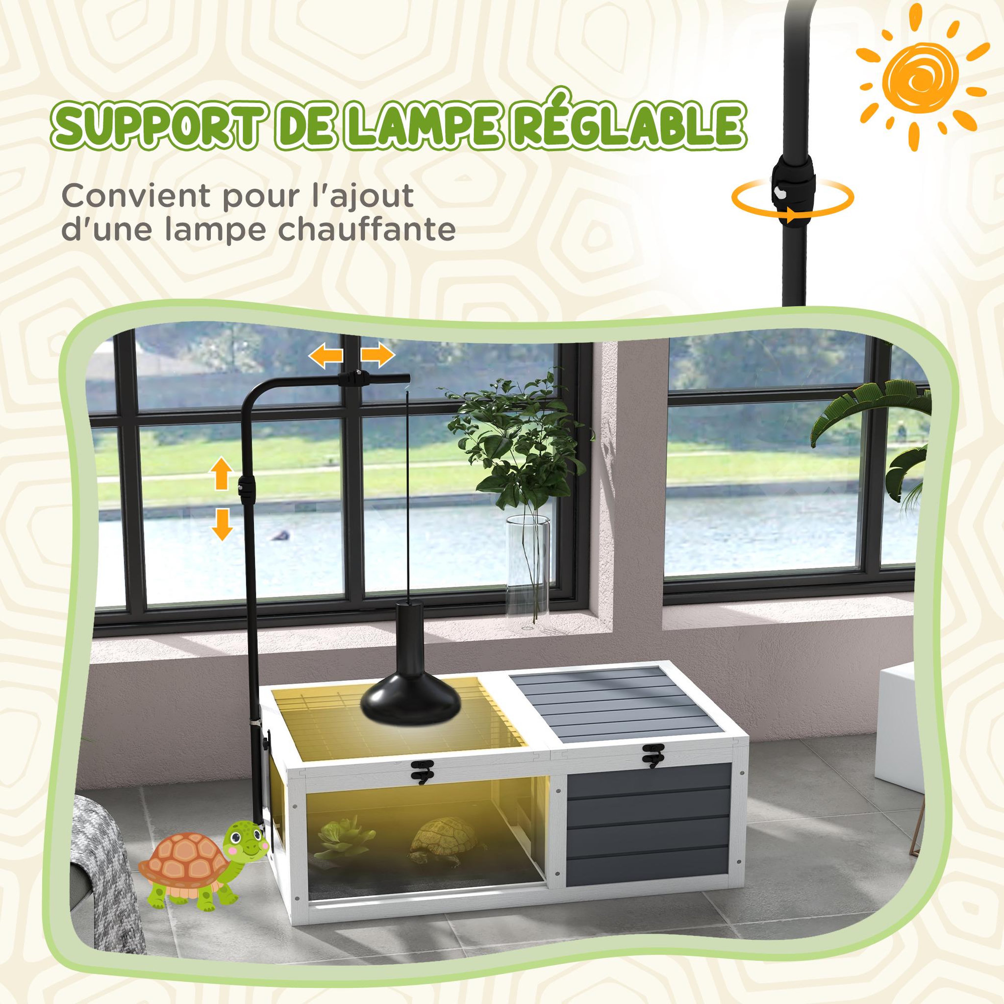 Voir la diapositive 5 : PAWHUT Maison enclos cage pour tortue petit animal avec 2 espaces support lampe réglable bois gris blanc