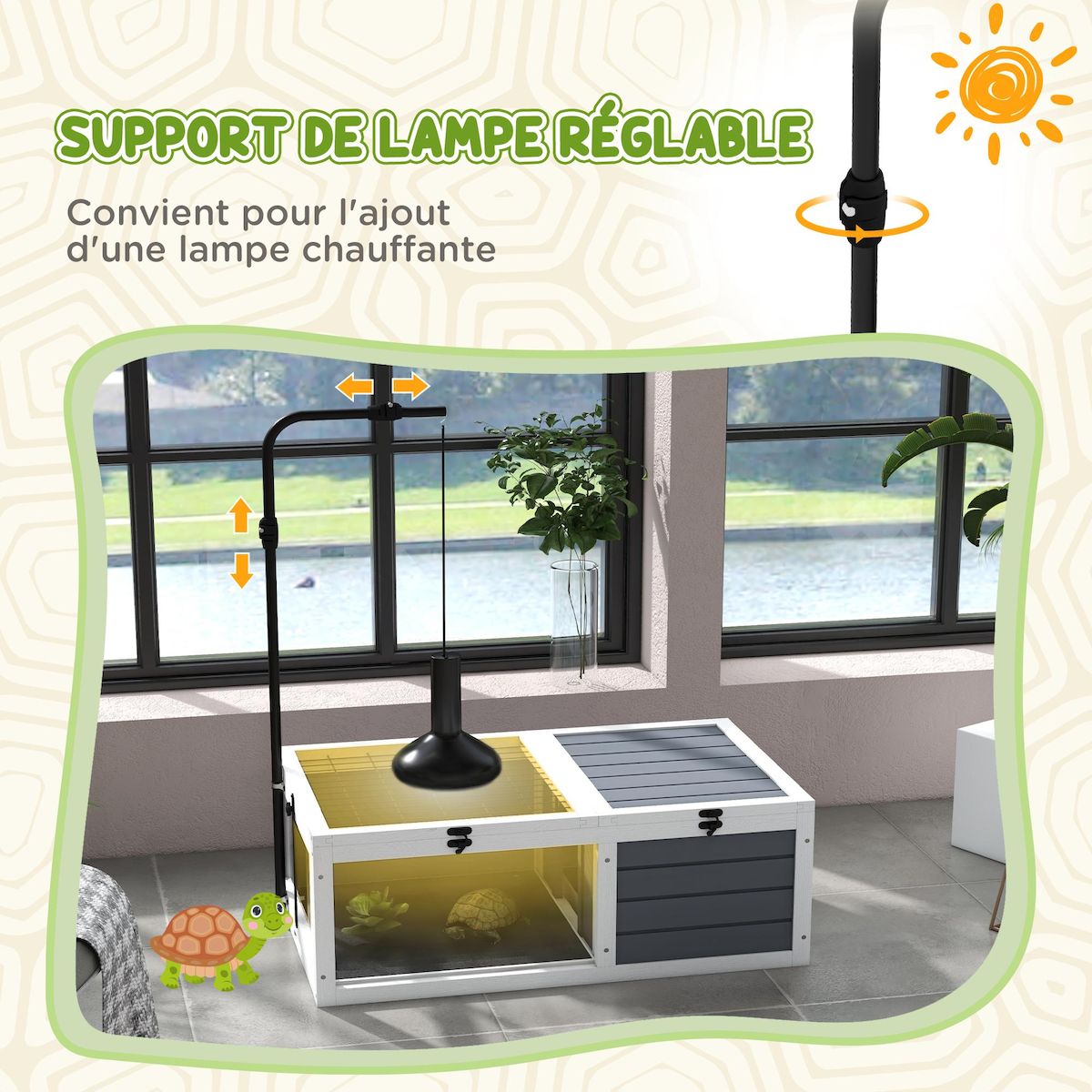 PAWHUT Maison enclos cage pour tortue petit animal avec 2 espaces support lampe réglable bois gris blanc