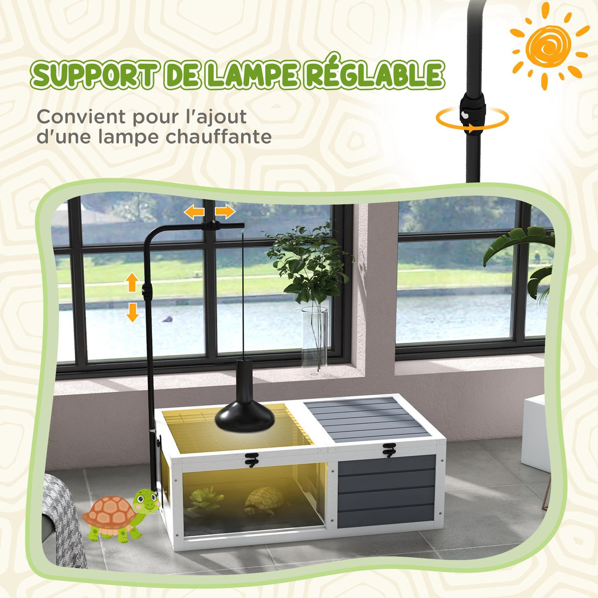 PAWHUT Maison enclos cage pour tortue petit animal avec 2 espaces support lampe réglable bois gris blanc